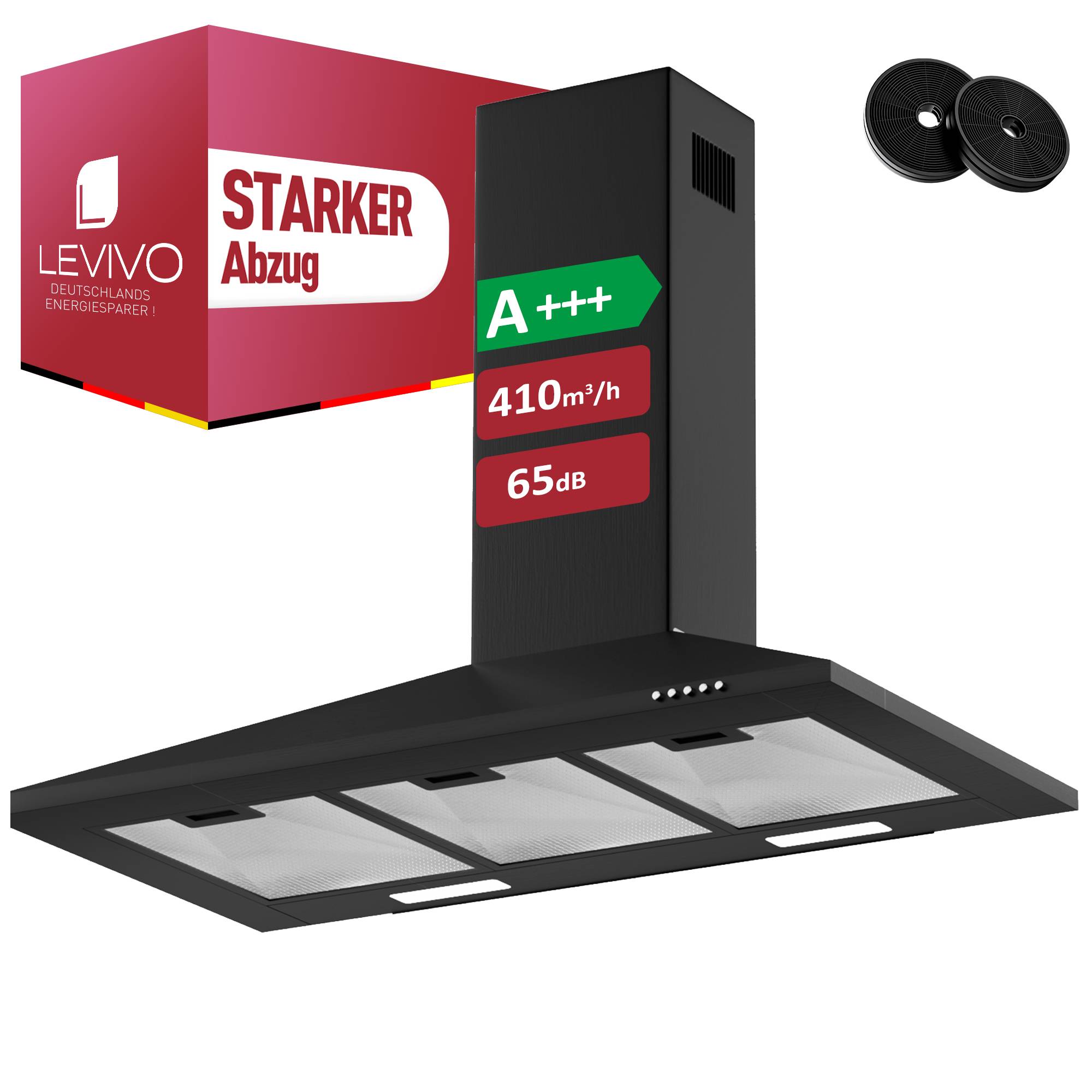 Schwarze wandmontierte Dunstabzugshaube mit zwei runden Filtern, gekennzeichnet mit A+++, 410 m³/h und 65 dB; die Schachtel trägt die Aufschriften „STARKE Abzug