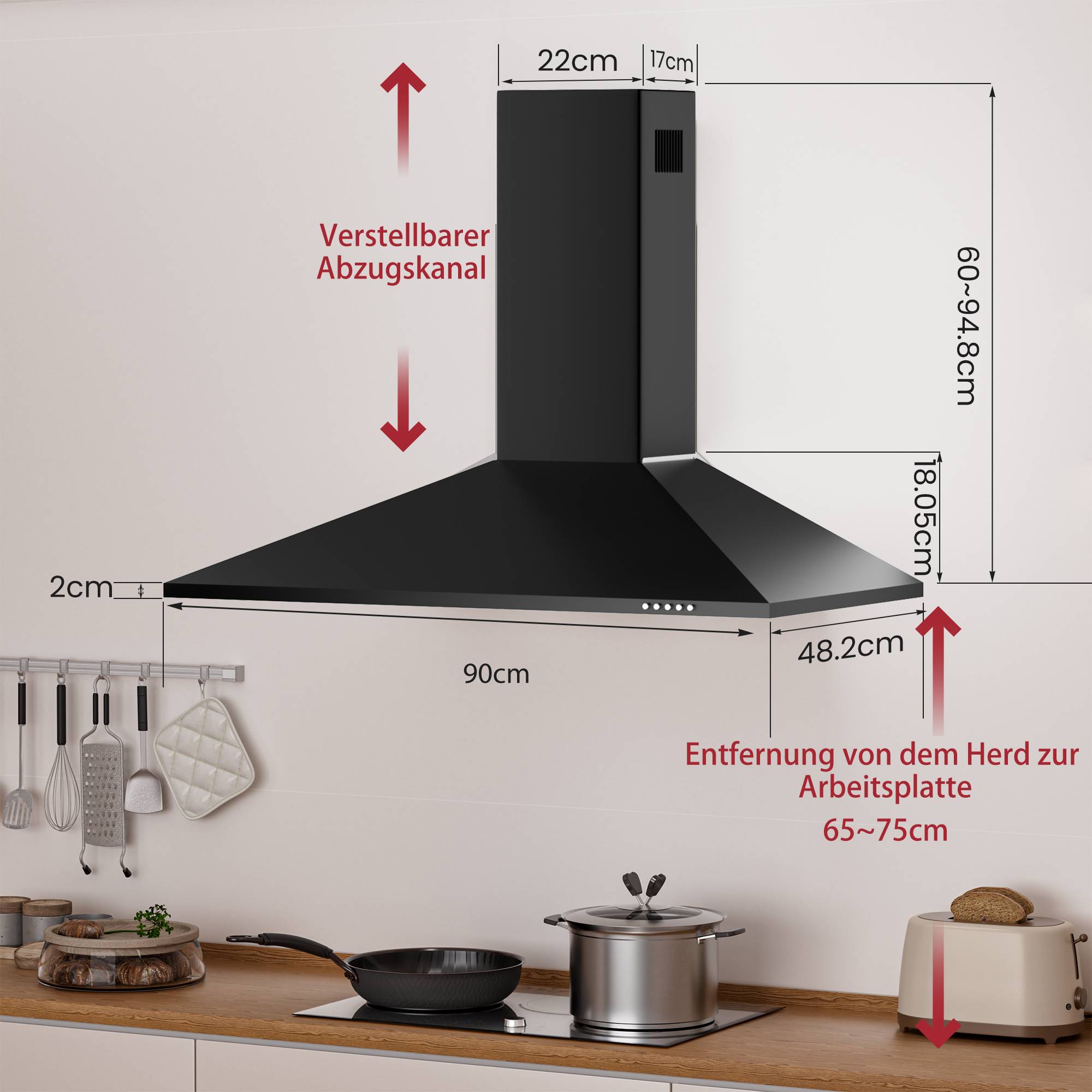Diagramm einer schwarzen, an der Wand montierten Dunstabzugshaube für die Küche, die eine verstellbare Kanalhöhe, 90 cm Breite, 60-94,8 cm Höhe und einen Montageabstand von 65-75 cm über dem Herd zeigt.