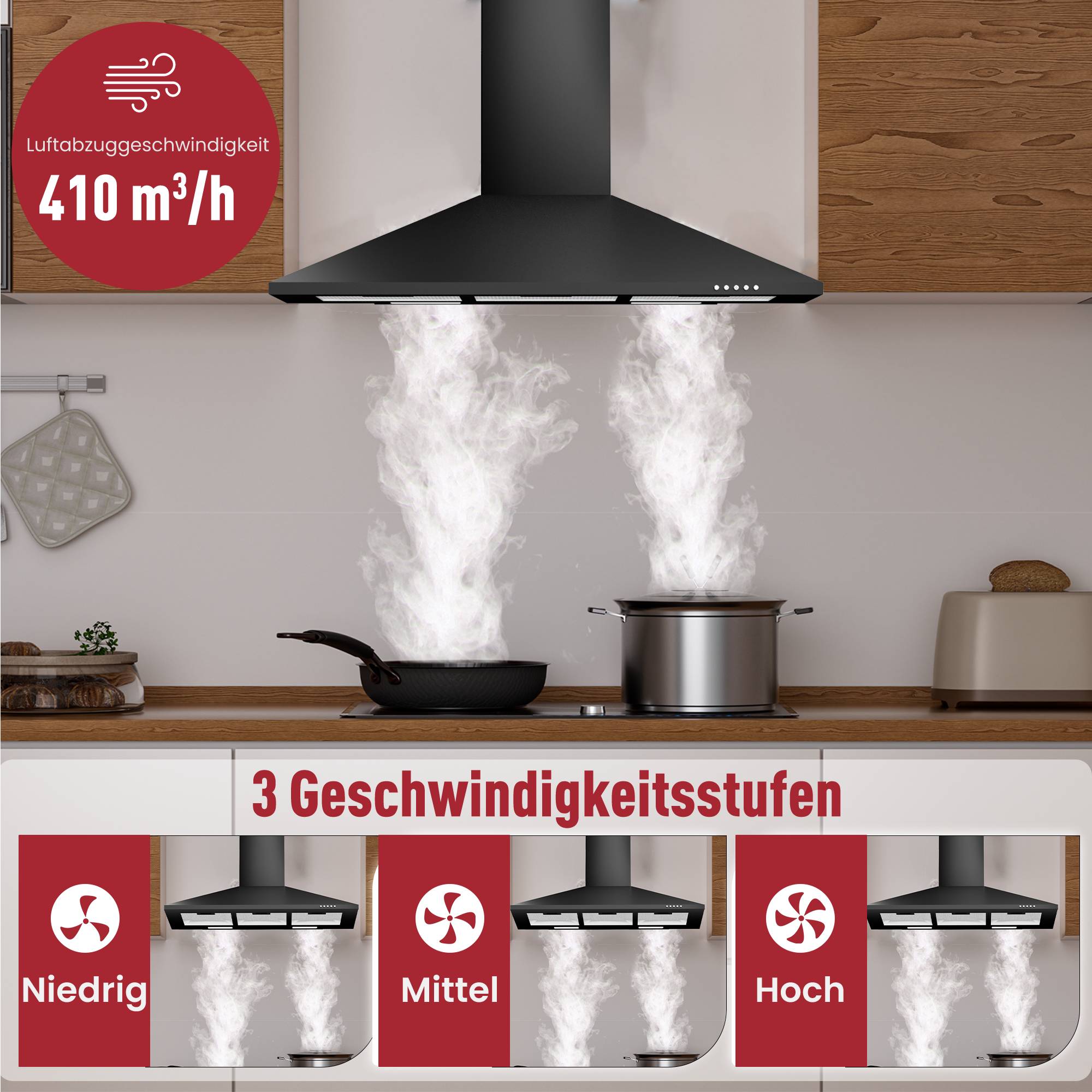Dunstabzugshaube über zwei Töpfen, die Dampf abzieht; deutsche Beschriftungen zeigen Luftdurchsatz 410 m³/h und 3 Geschwindigkeitsstufen: niedrig, mittel, hoch.