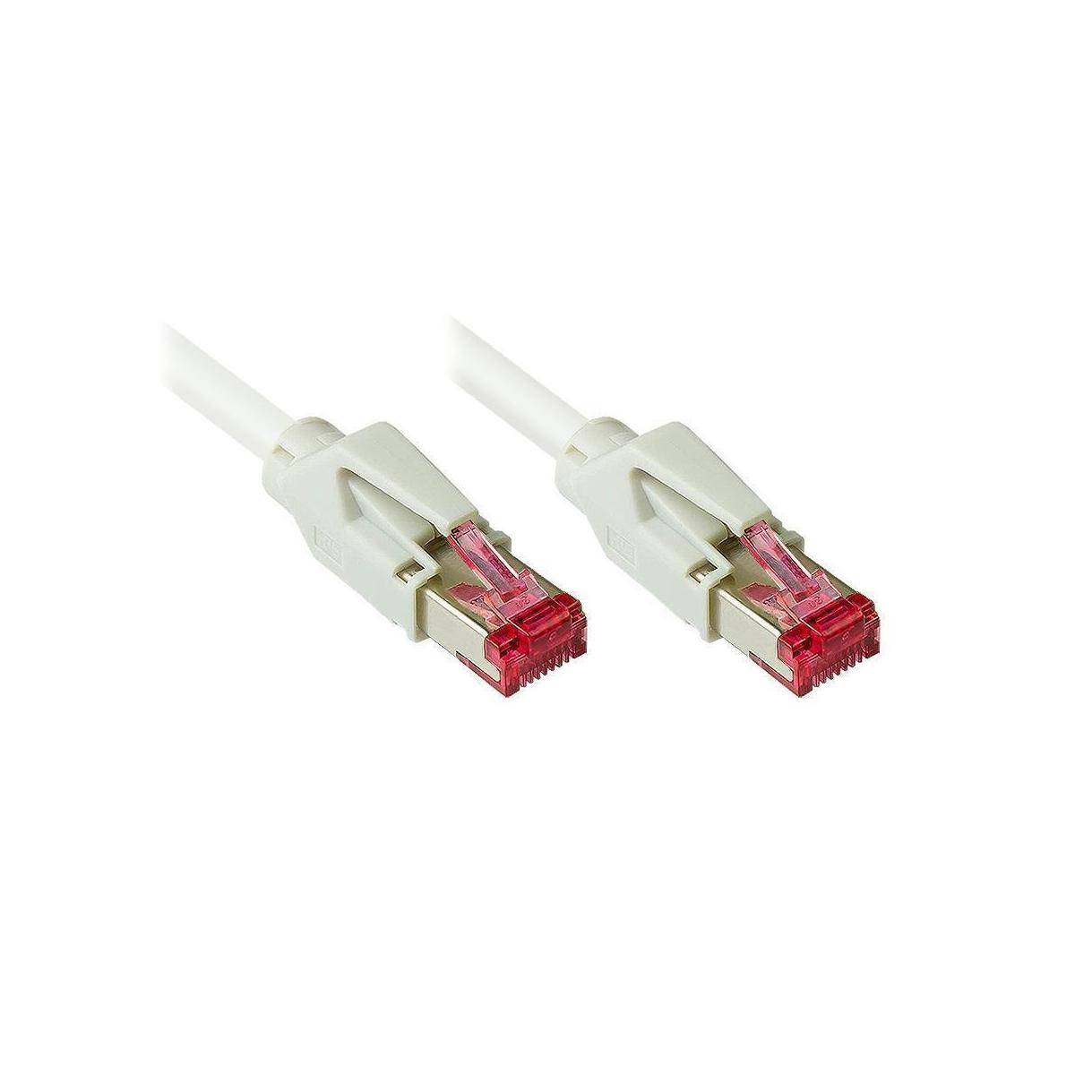 Zwei weiße Ethernet-Kabelstecker mit durchsichtigen roten RJ45-Steckern, nebeneinander auf weißem Hintergrund abgebildet.