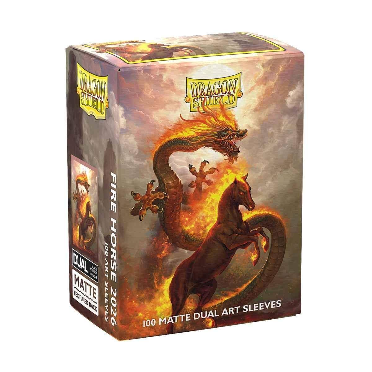 Dragon Shield Feuerpferd 2023er Box mit 100 matten Dual-Art-Sleeves, mit feurigem Drachen- und Pferdedesign.