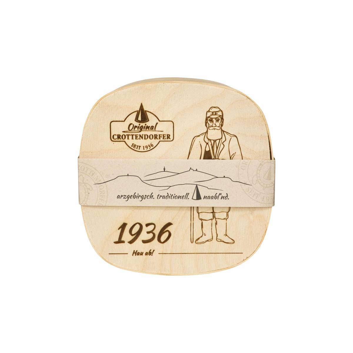 Holzverpackung für Käse mit der Aufschrift „Original Crottendorfer