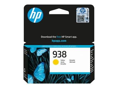 HP 938 gelbe Tintenpatrone mit Schmetterlingsdesign, HP-Logo und Text „HP Smart App kostenlos herunterladen
