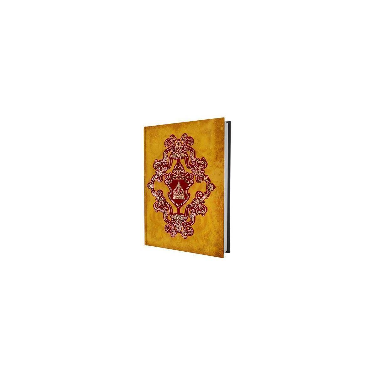 Verziertes gelbes Hardcover-Buch oder Notizbuch mit dekorativem rosa gemustertem Einband, vor weißem Hintergrund gezeigt.
