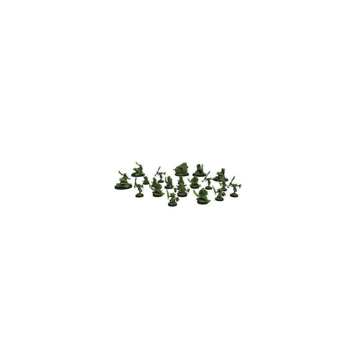 Kleine Ansammlung grüner Miniatur-Figuren auf weißem Hintergrund, ähnlich wie Tabletop-Spielmodelle.