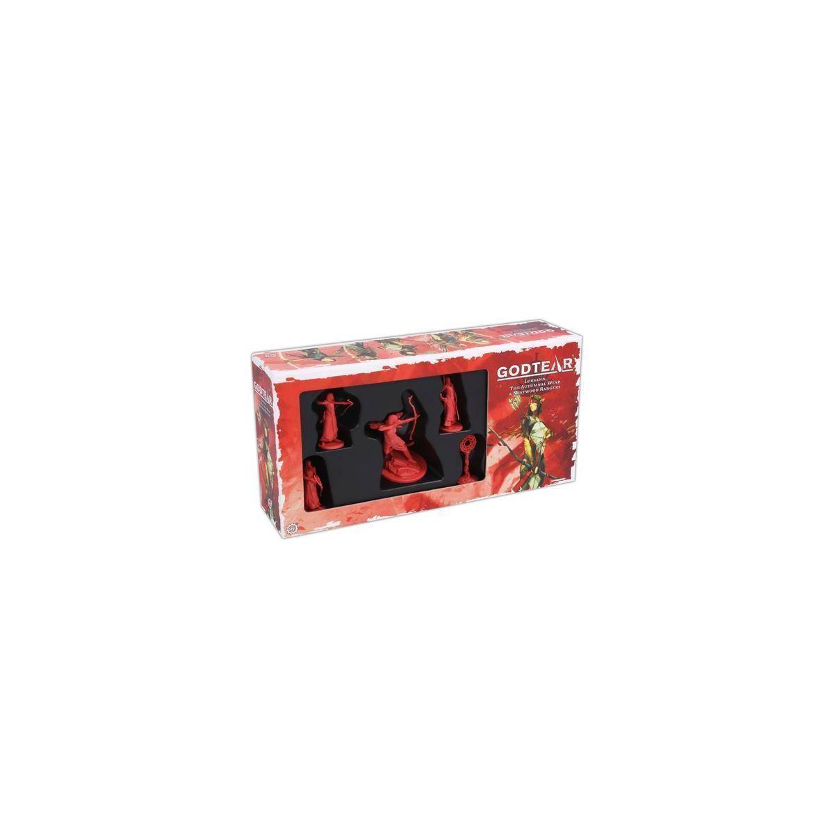 Rote GOTEIAR-Figurinen-Set in einer Anzeigeschachtel, das eine zentrale Figur und vier kleinere Teile vor weißem Hintergrund zeigt.