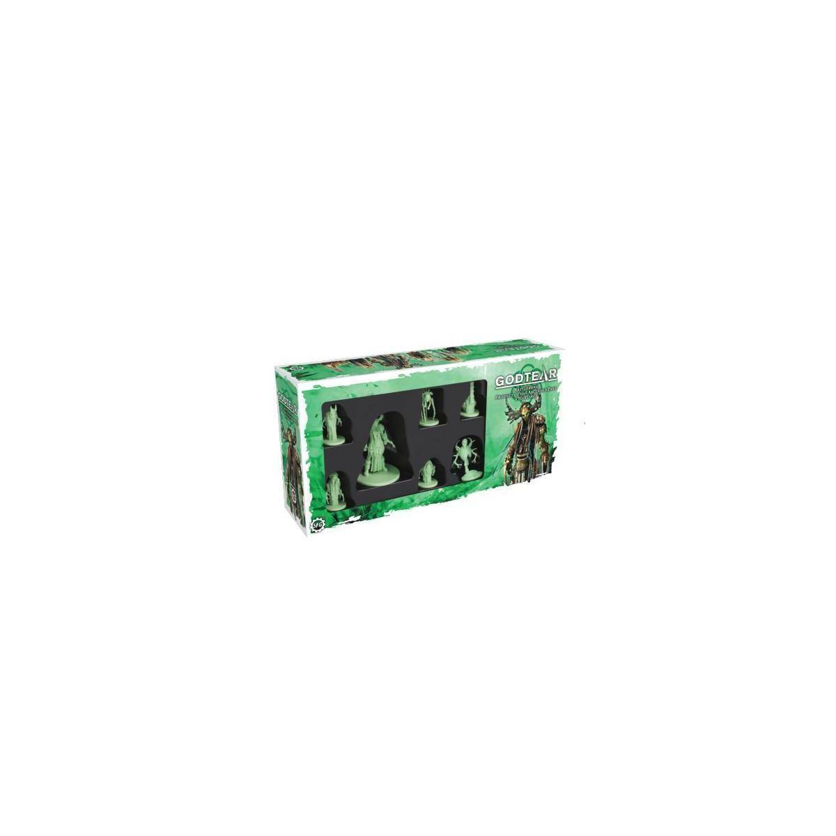 Godtear-Miniaturen-Set in grüner Box mit mehreren bemalten Figuren in einem Fensterpaket ausgestellt.