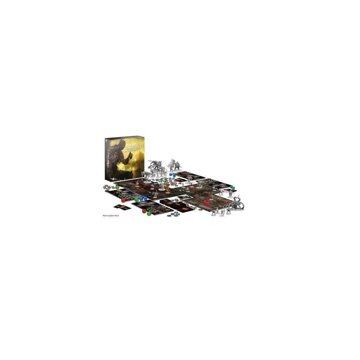 Brettspiel-Komponenten neben der Spielschachtel angeordnet, wobei das Spielbrett, Karten, Spielmarken, Miniaturen und Würfel sichtbar sind.
