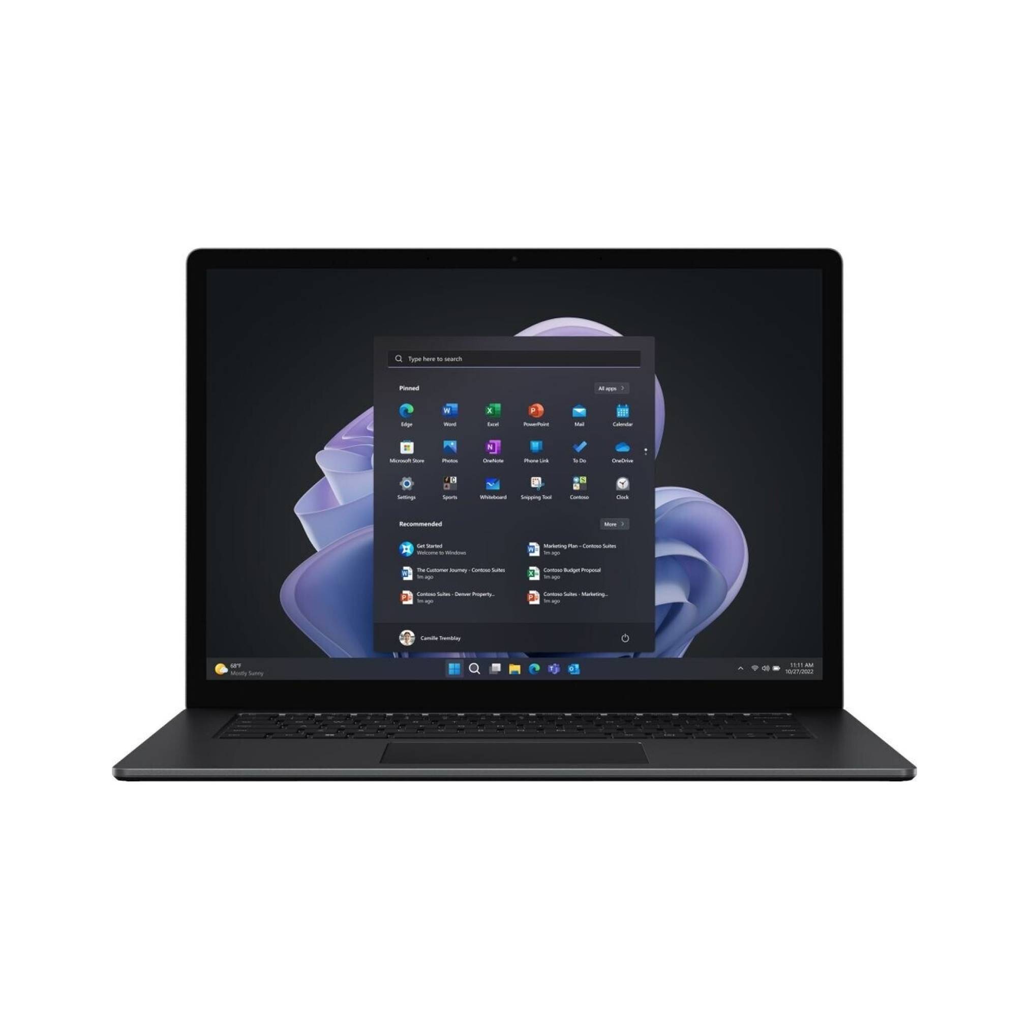 Ein Laptop, auf dem der Windows 11-Desktop mit geöffnetem Startmenü auf einem dunklen abstrakten Hintergrund angezeigt wird.