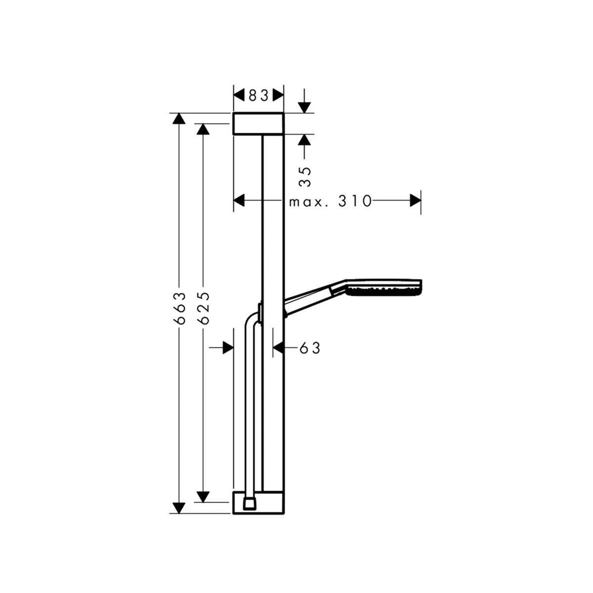Technische Seitenansicht-Maßzeichnung eines Faltgriffs oder Hebels, das die Gesamthöhe von 663 mm, innere Höhe von 625 mm, obere Breite von 83 mm und maximale Reichweite von 310 mm zeigt.