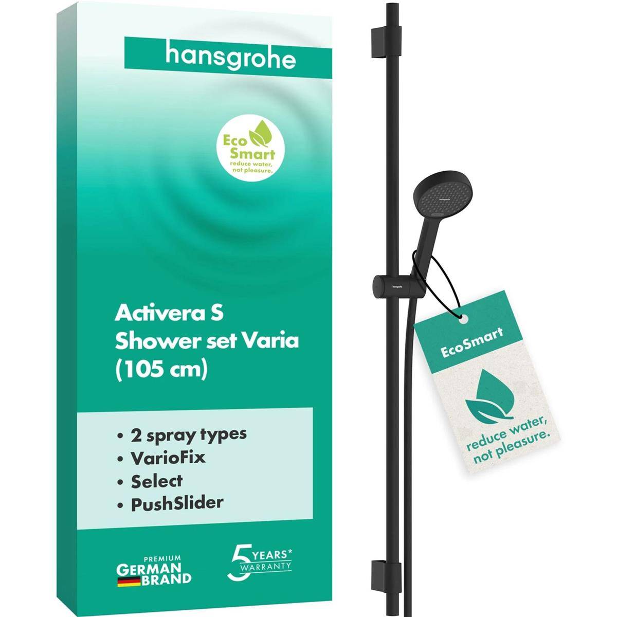 Hansgrohe Activera S Duschset Varia (105 cm) mit EcoSmart-Technologie, 2 Sprüharten, VarioFix, Select und PushSlider-Funktionen.