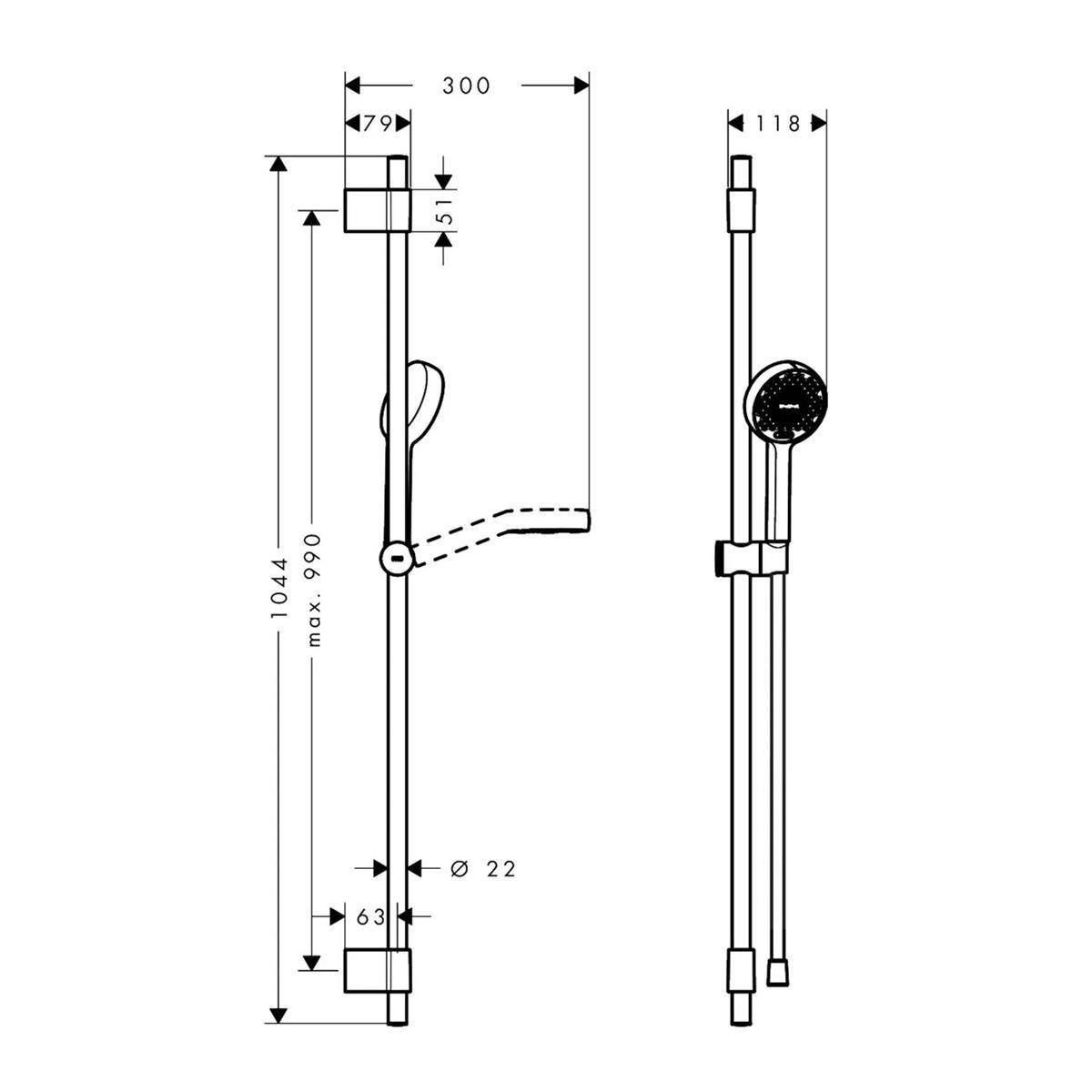 Technische Maßzeichnung eines Duschstangensatzes mit Handbrause, mit Vorder- und Seitenansichten sowie Maßangaben einschließlich 1044 mm Höhe, 300 mm Ausladung, 118 mm Breite und 22 mm Durchmesser.
