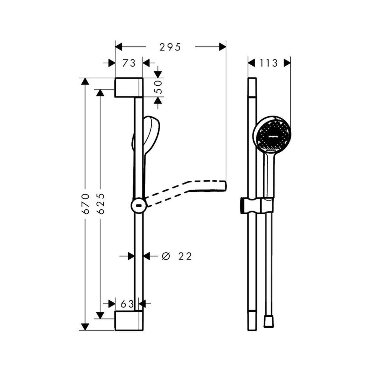 Technische Maßzeichnung eines Duschkopf- und Handbrause-Assemblys, dargestellt in Vorder- und Seitenansicht mit Abmessungen in Millimetern.