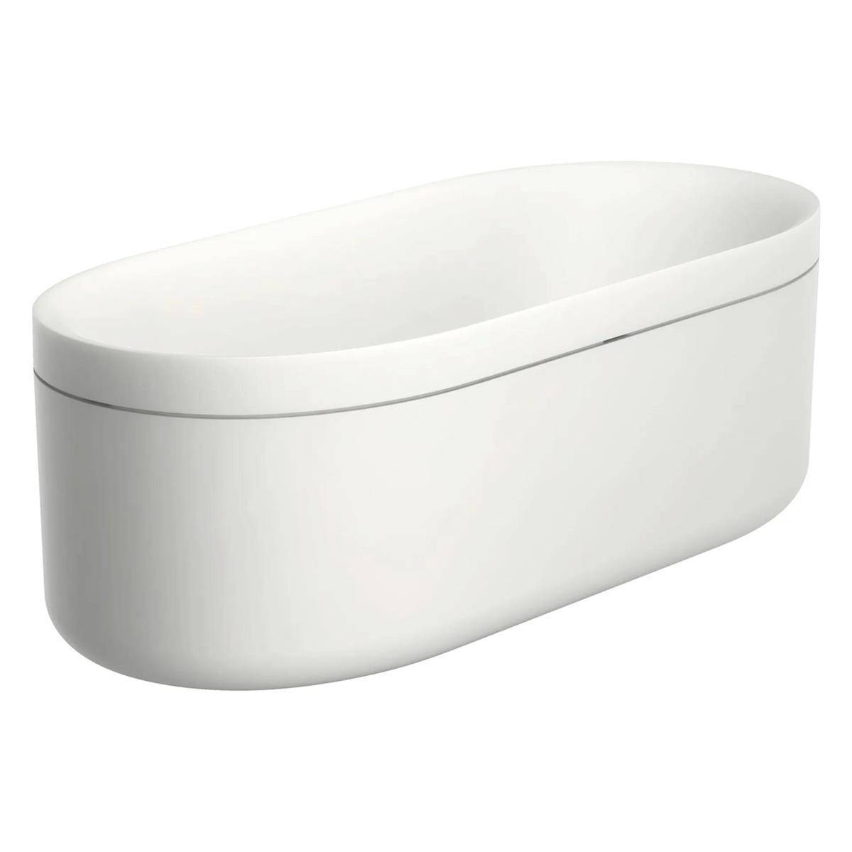 Freistehende weiße ovale Badewanne in Seitenansicht vor neutralem Hintergrund.