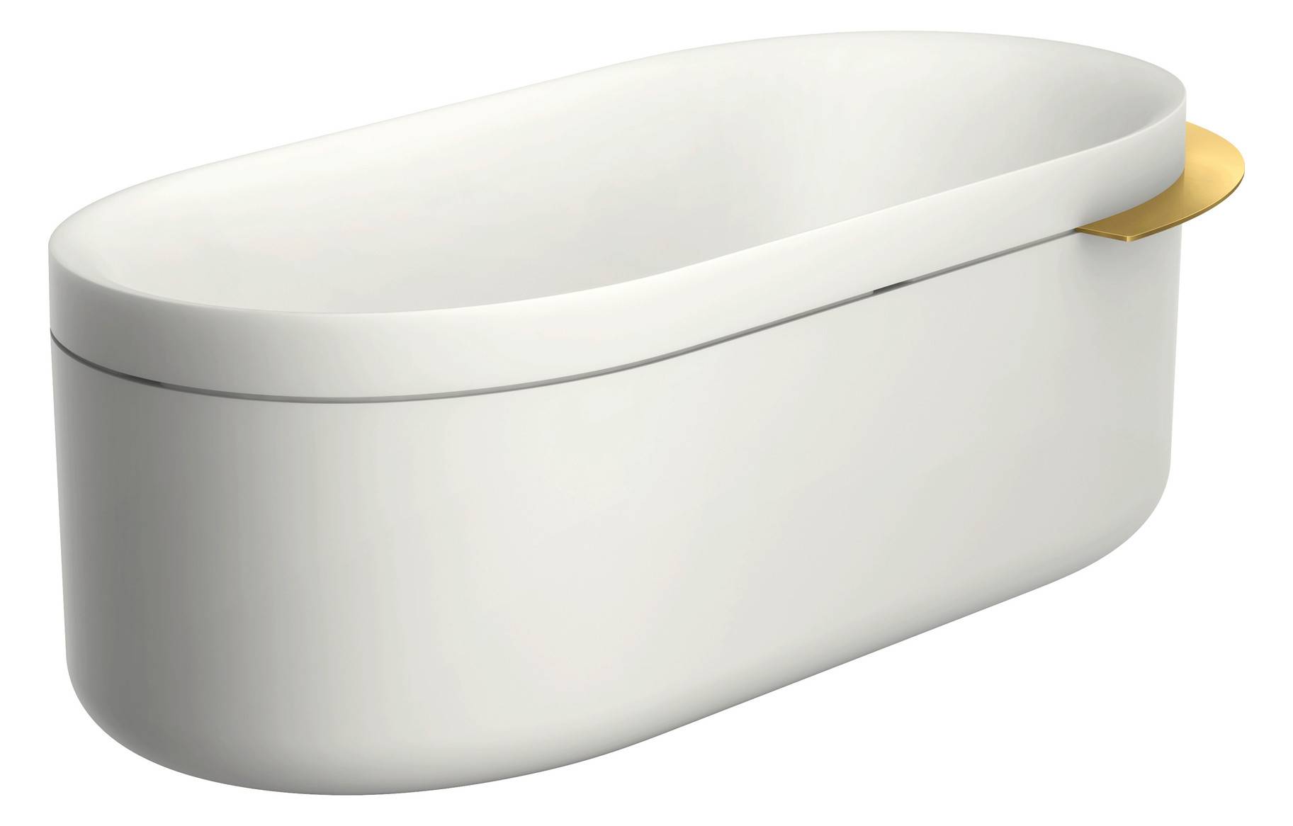 Freistehende weiße ovale Badewanne mit goldenem Akzent an einem Ende, isoliert auf weißem Hintergrund dargestellt.