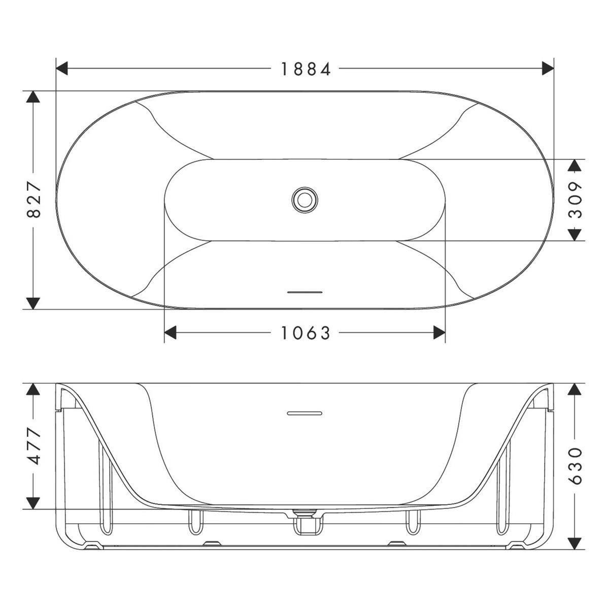 Technische Maßstabzeichnung einer ovalen Badewanne mit Draufsicht und Seitenansicht sowie den Abmessungen 1884, 827, 1063, 309, 477 und 630.