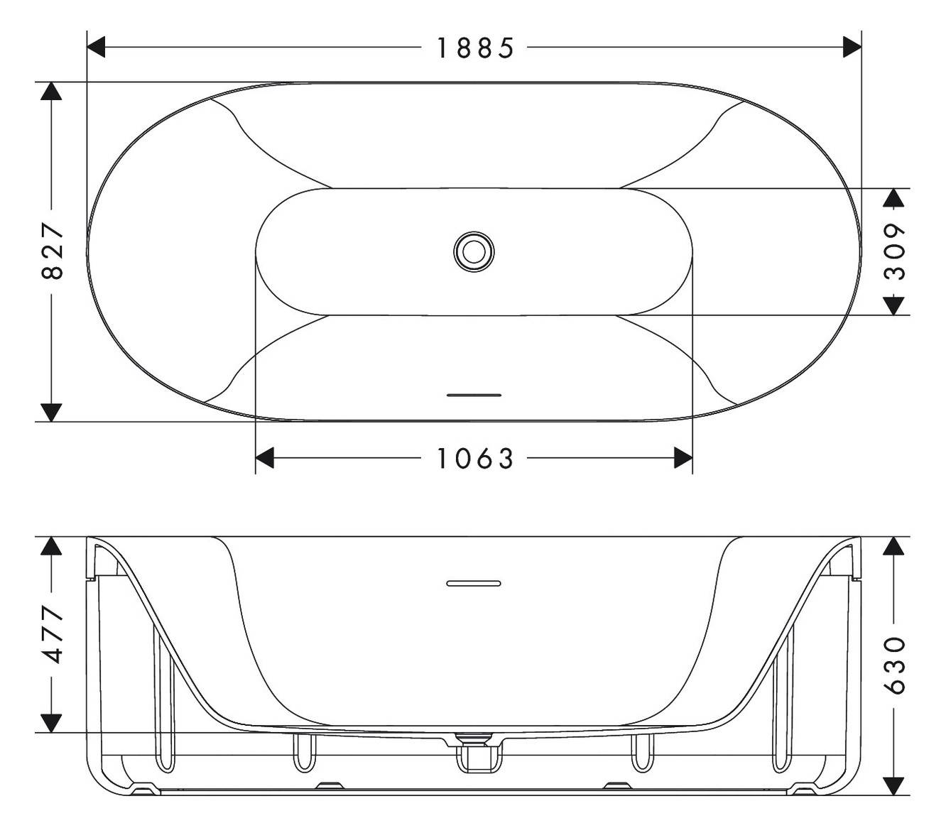 Technische Zeichnung einer freistehenden Badewanne mit Draufsicht und Seitenansicht mit beschrifteten Abmessungen von 1885, 827, 1063, 309, 477 und 630 mm.