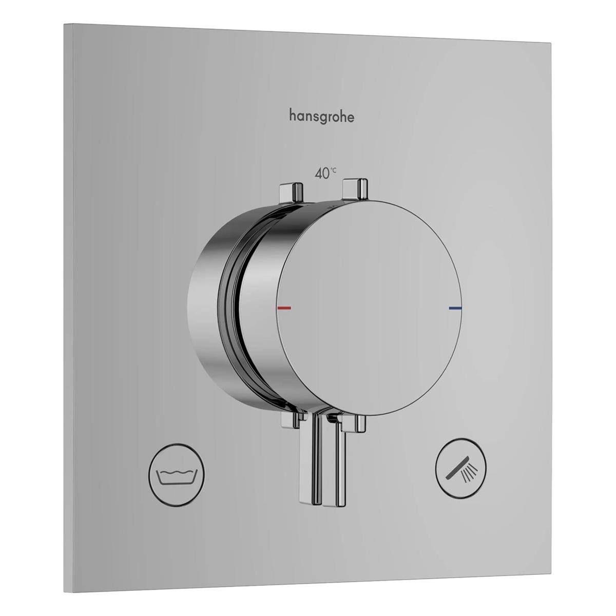 Hansgrohe Chromduschkontrollfeld mit einer Sicherheitseinstellung von 40°C, Temperaturanzeige und zwei Funktionstasten.