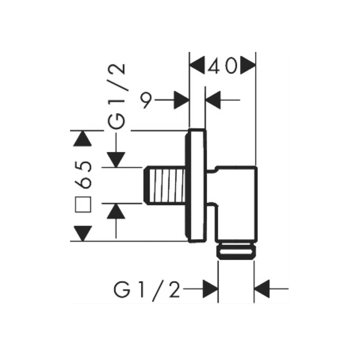 Technische Seitenansicht einer Rohrbeschlagfitting mit beschrifteten Abmessungen G 1/2, 40, 9 und 65, die Gewinde- und Stufenverbindungsdetails zeigt.