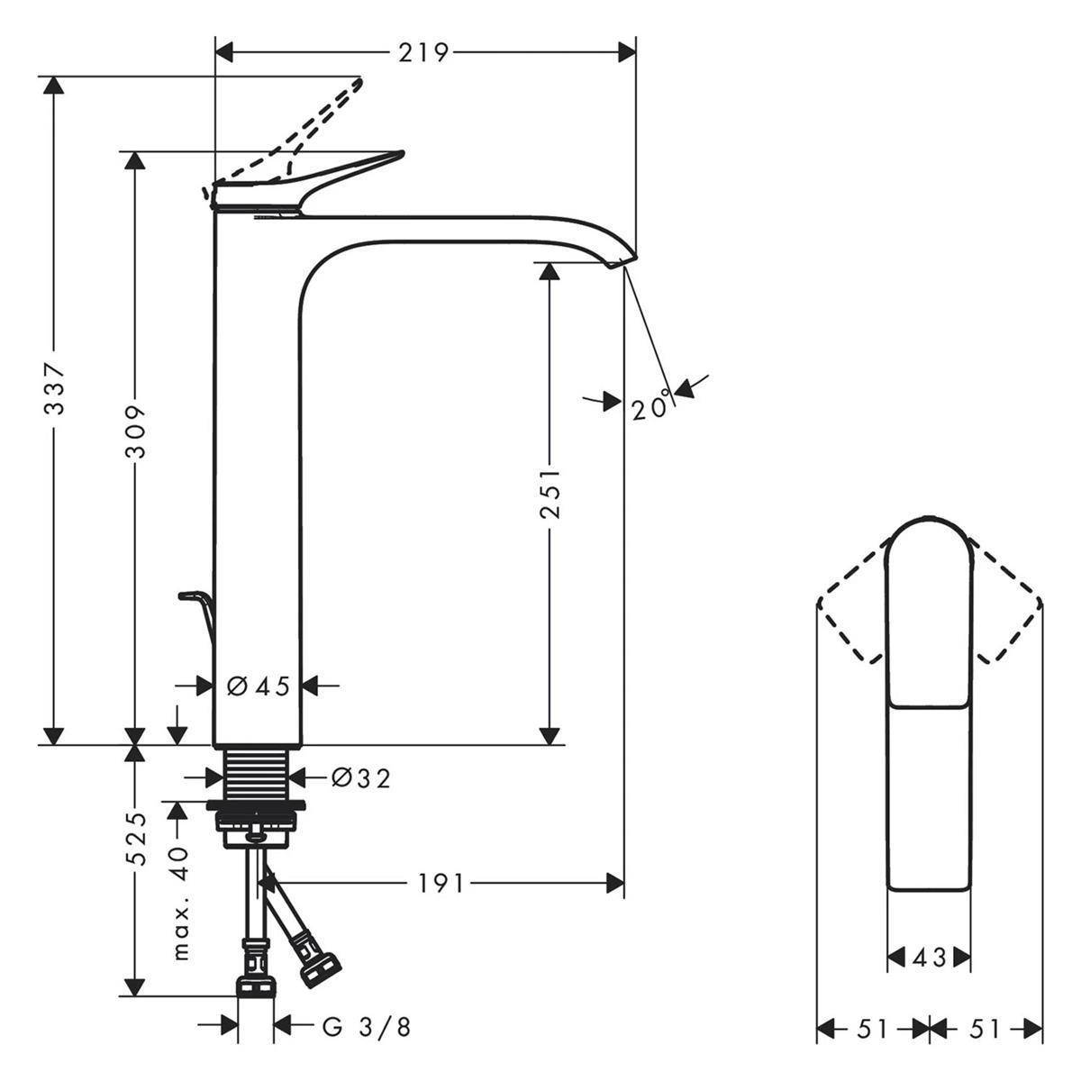 Technisches Armaturenmaßstabdiagramm mit einem hohen Einhebel-Auslauf mit beschrifteten Abmessungen in Millimetern und Anschluss G 3/8.