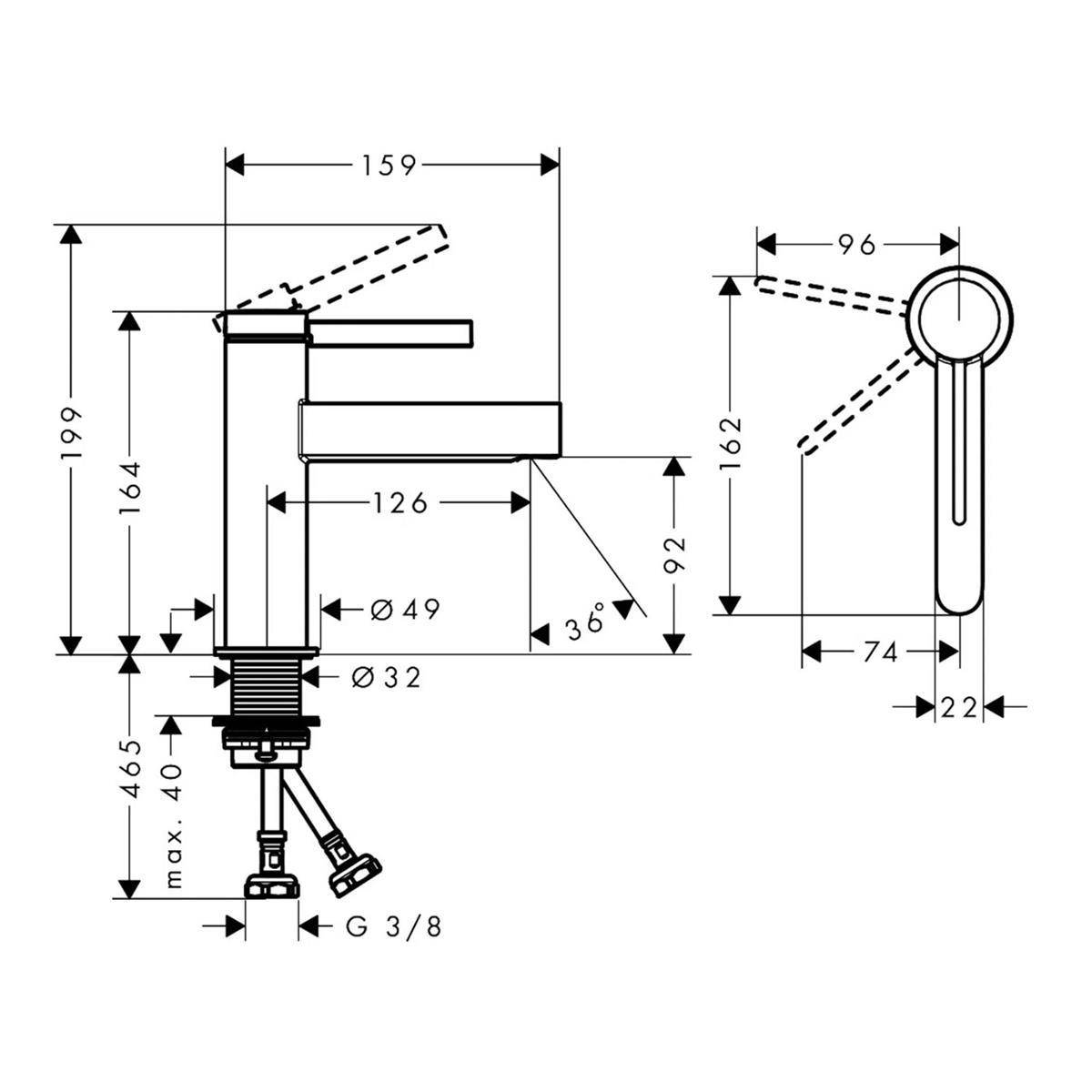 Technische Zeichnung eines Einhebelwasserhahns mit Seitenansicht und Vorderansicht, mit Abmessungen, Winkeln und G 3/8 Anschlussgewinde.
