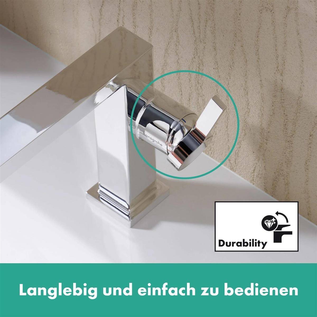 Chrome-Badezimmerhahn, dargestellt mit einem hervorgehobenen Griff; Text sagt „Langlebigkeit