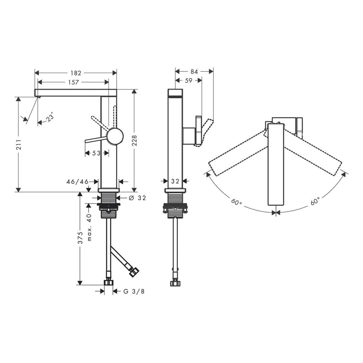 Technische Linienzeichnung einer Armatur oder Duschvorrichtung mit Vorder-, Seiten- und Schrägansicht mit Maßangaben und 60°-Drehbereich.