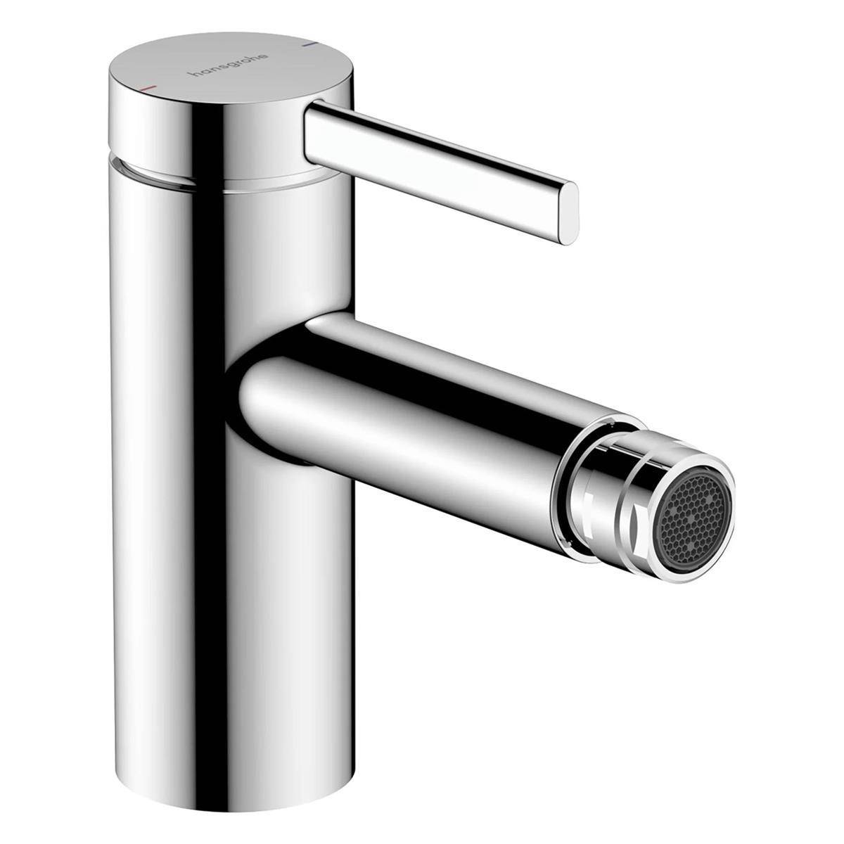 Chrom-Einhebel-Badezimmermischer mit zylindrischem Körper und horizontalem Auslauf, dargestellt auf weißem Hintergrund.