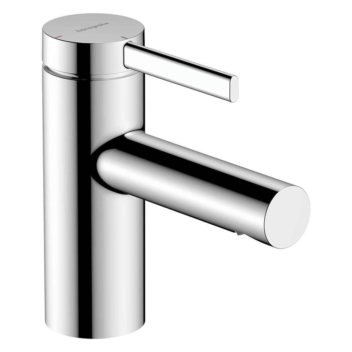 Chrome-Einhebel-Zylinderarmatur mit oberen Hebel und horizontaler Auslauf auf weißem Hintergrund.