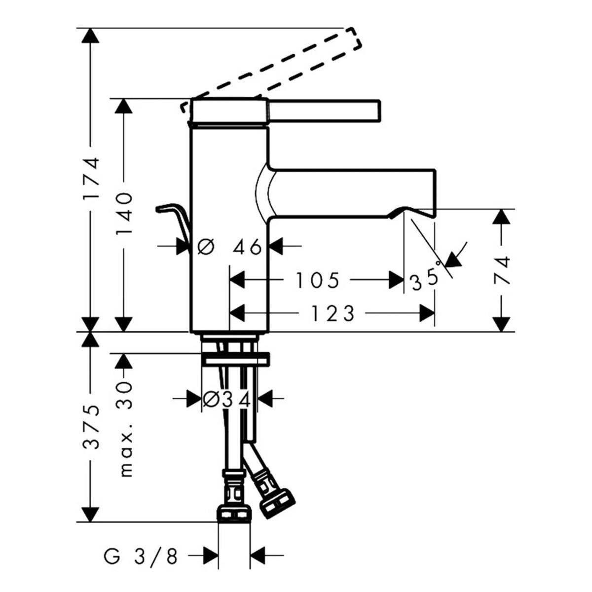 Technische Zeichnung eines Wasserhahns mit Bemaßungslinien und Maßstäben, die Seitenansicht, Auslauflänge, Höhe, Winkel und G 3/8 Anschlussgrößen zeigen.