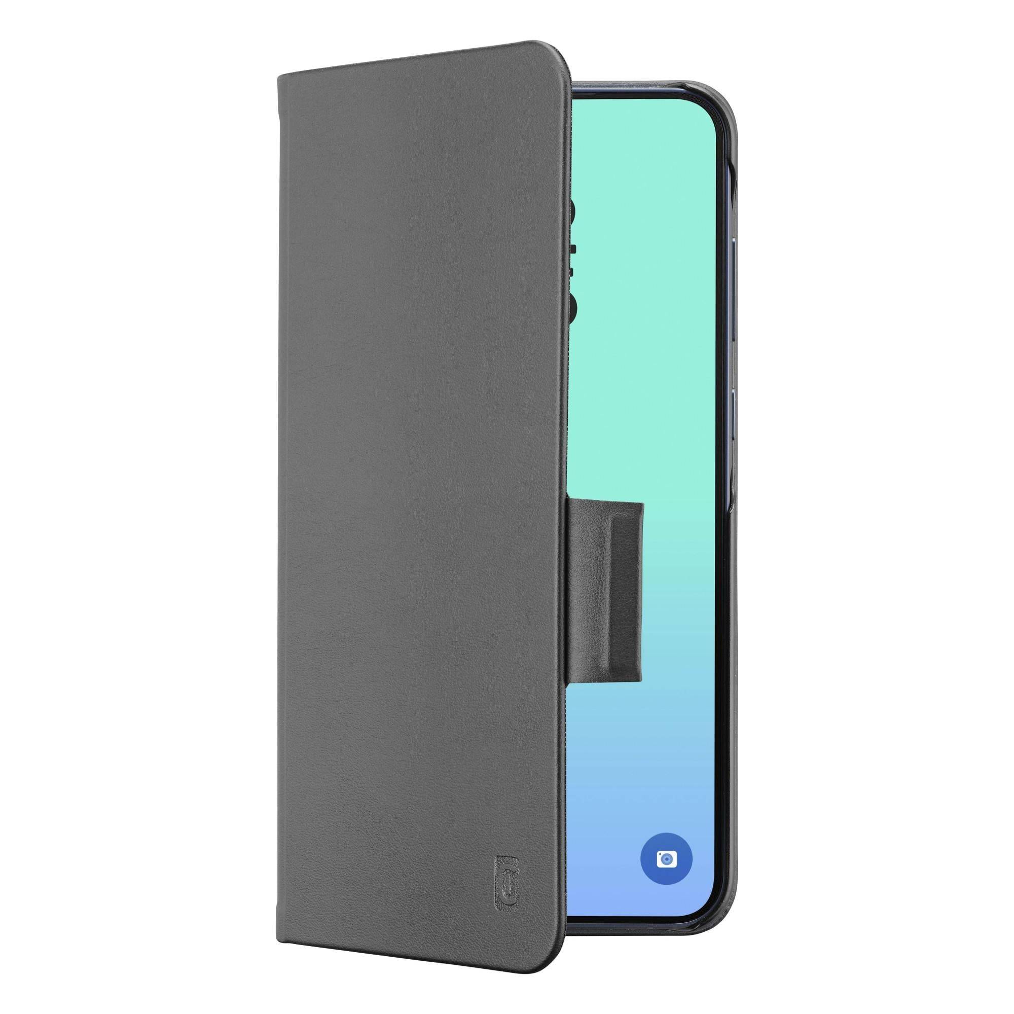 Graue Folio-ähnliche Smartphone-Hülle mit teilweise geöffnetem Frontdeckel, der den Telefonbildschirm und eine seitliche Verschlussklammer zeigt