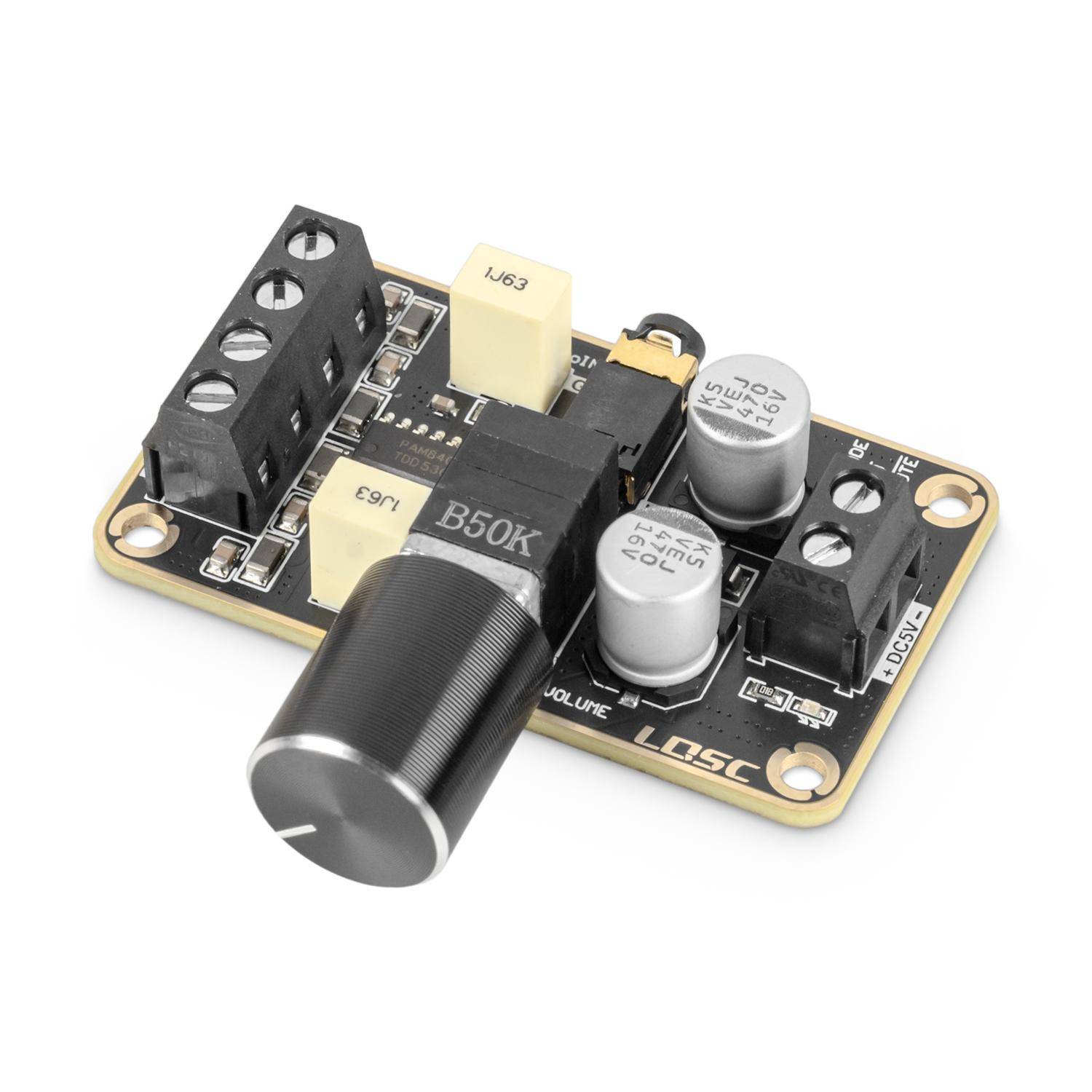 Kleines elektronisches Steuermodul mit großem schwarzem B50K-Einstellknopf, Schraubklemmen und Kondensatoren auf einer Leiterplatte.