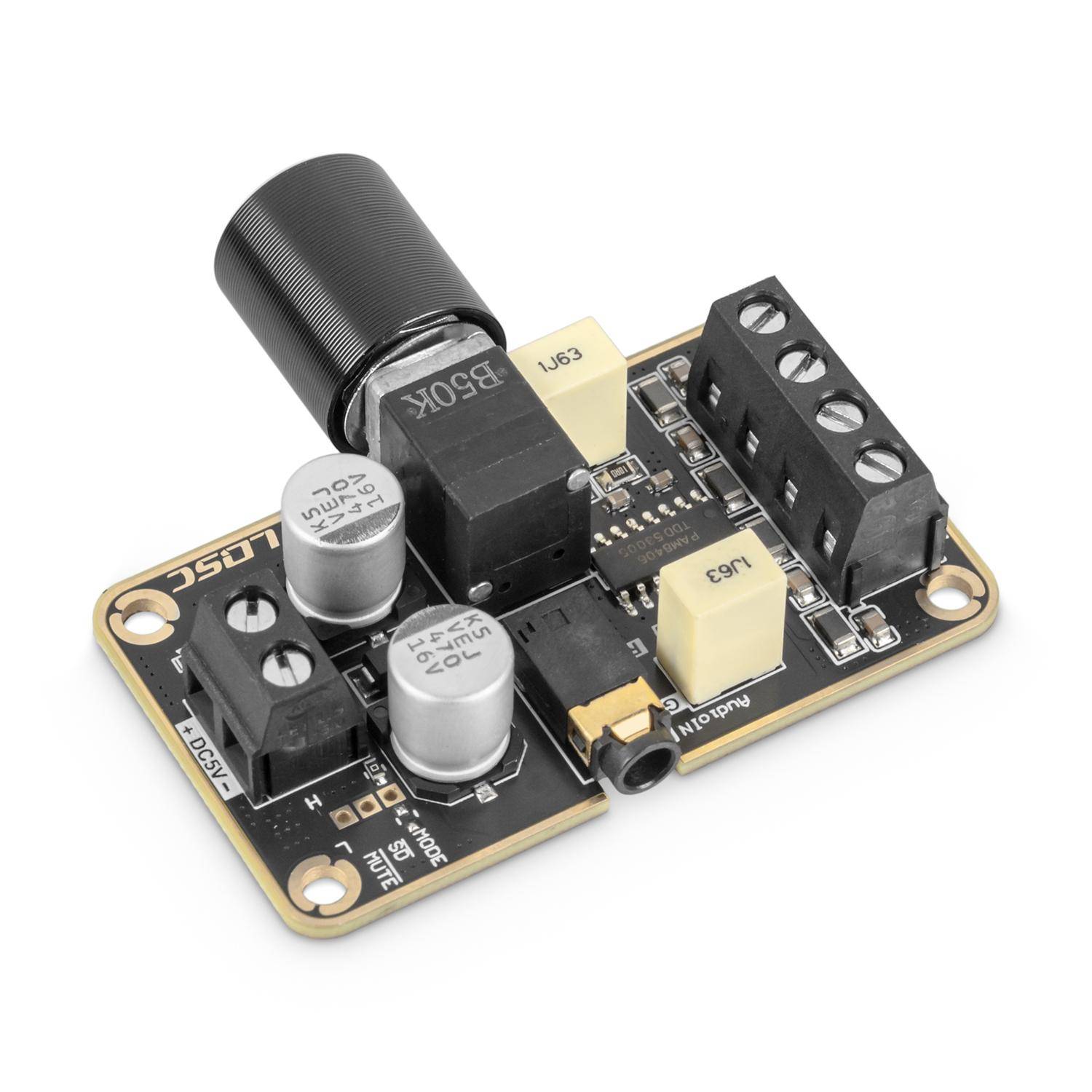 Kleine elektronische Leiterplatte mit einem großen schwarzen zylindrischen Bauteil, Schraubklemmen, Kondensatoren und einer USB-Buchse auf weißem Hintergrund.