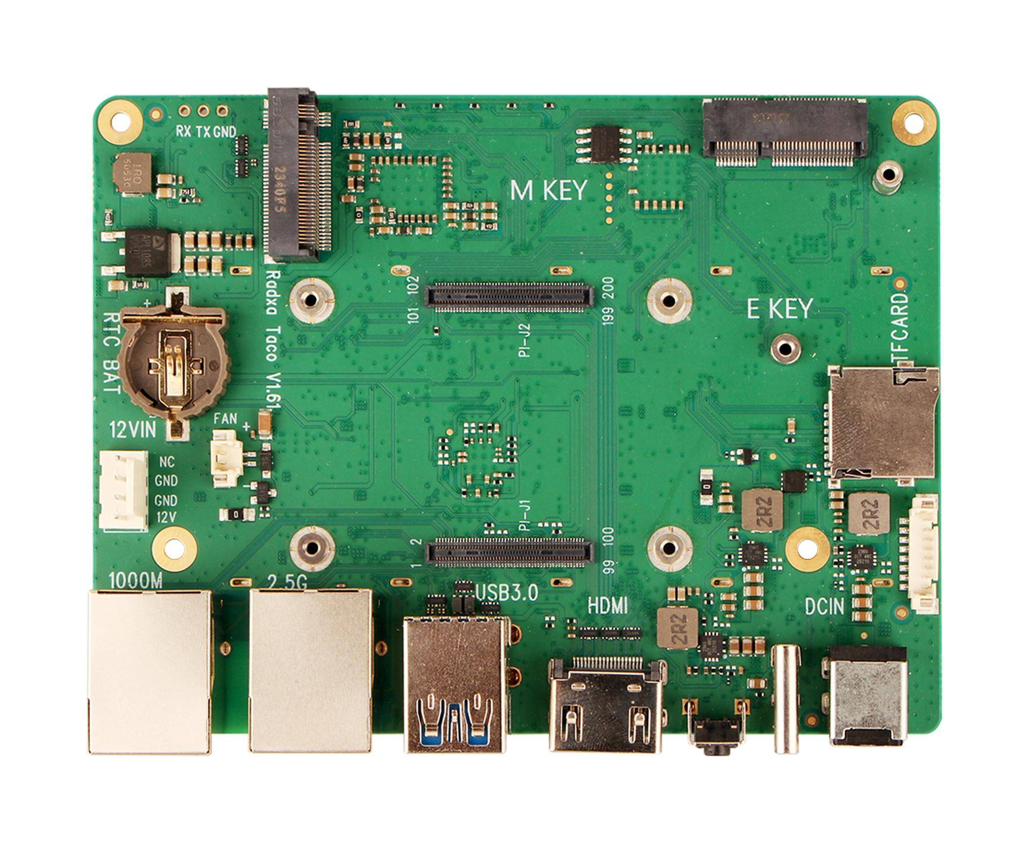 Grüne Leiterplatte mit beschrifteten Steckverbindern und Anschlüssen, einschließlich USB-, HDMI-, SD-Karten-, Stromversorgungs- und Lüfteranschlüssen.