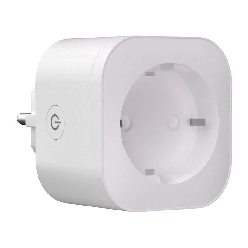 Weißer Steckdosen-Adapter mit intelligenter Stromfunktion und rundem Netzschalter auf der Vorderseite.