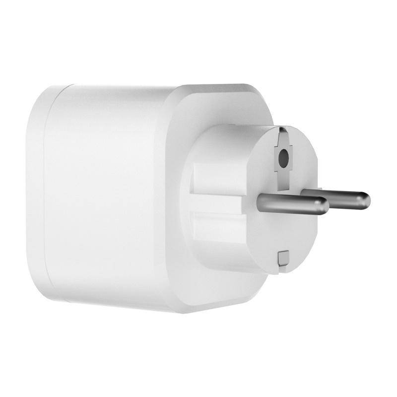 Weißer Steckdosenadapter im europäischen Stil mit zwei Stiften auf weißem Hintergrund.