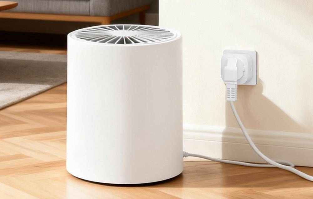 Weißer zylindrischer Luftreiniger oder Entfeuchter, der in eine Wandsteckdose auf einem Hartholzboden neben einer Wand und einem Teppich eingesteckt ist.