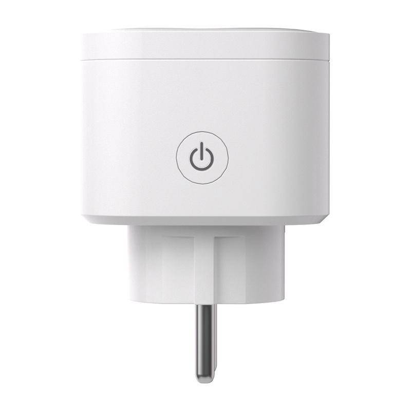 Weißes Stecker-Smart-Gerät mit Stromknopf und Metallzacke an der Unterseite, Vorderansicht auf einfachem Hintergrund gezeigt.