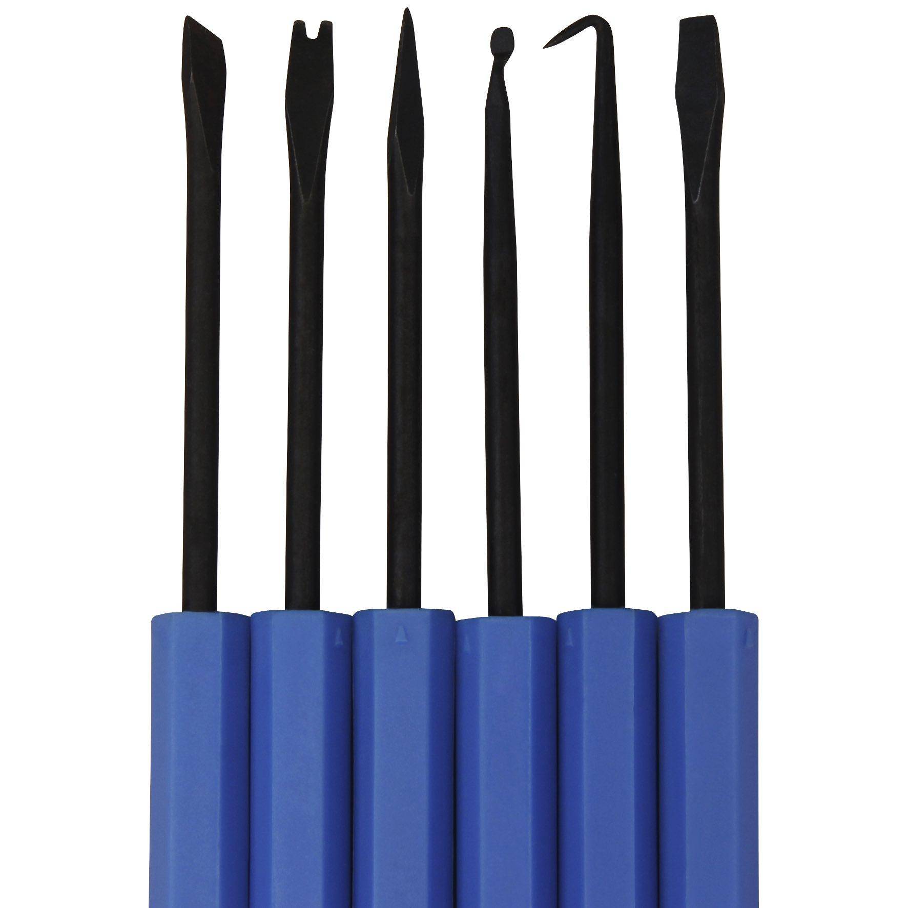 Sechs schwarze Brechstangen mit blauen Griffen aufrecht auf weißem Hintergrund angeordnet.