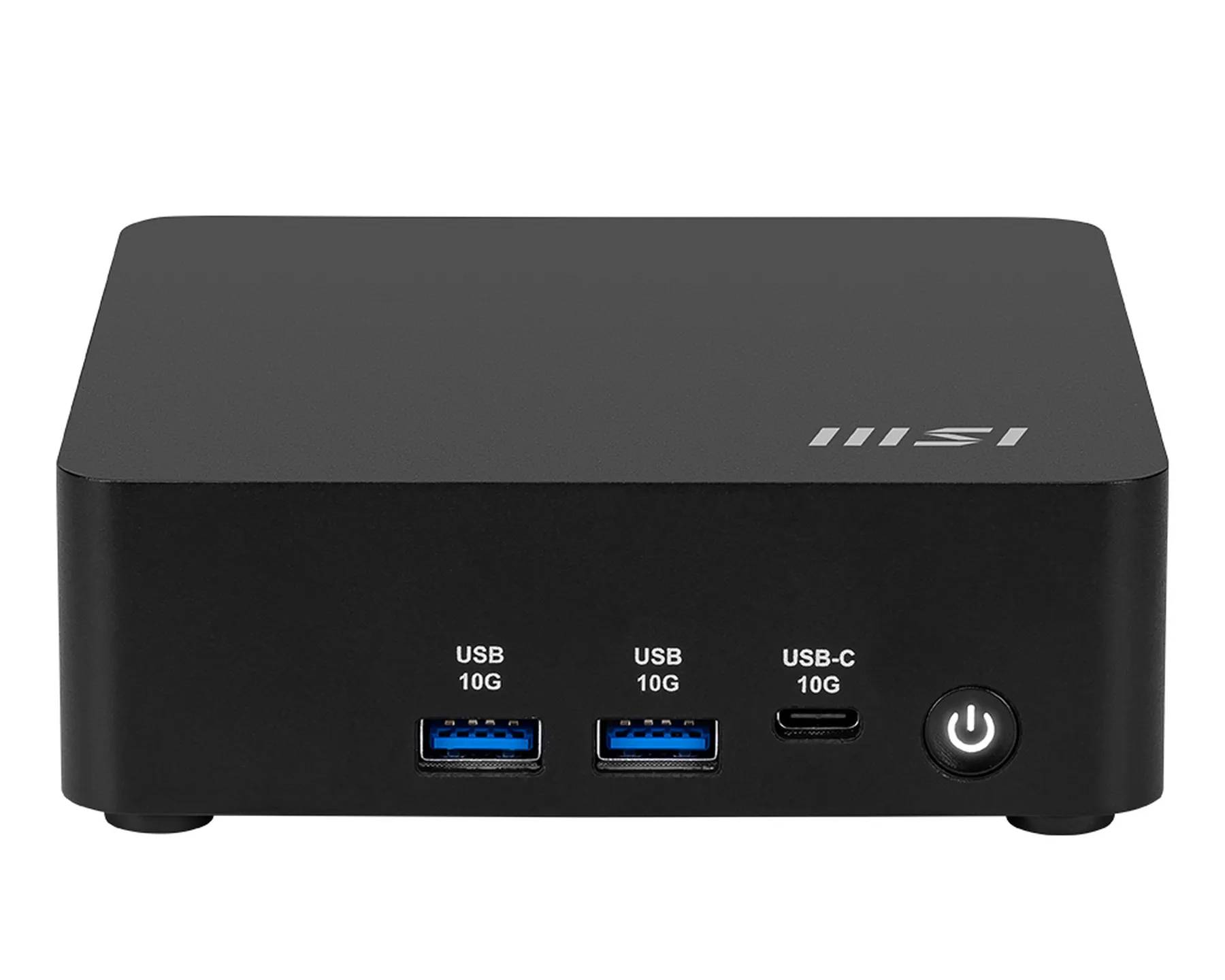 Schwarzer MSI Mini-Desktop-Computer mit zwei USB-10G-Anschlüssen, einem USB-C-10G-Anschluss und einem Stromschalter auf der Vorderseite.