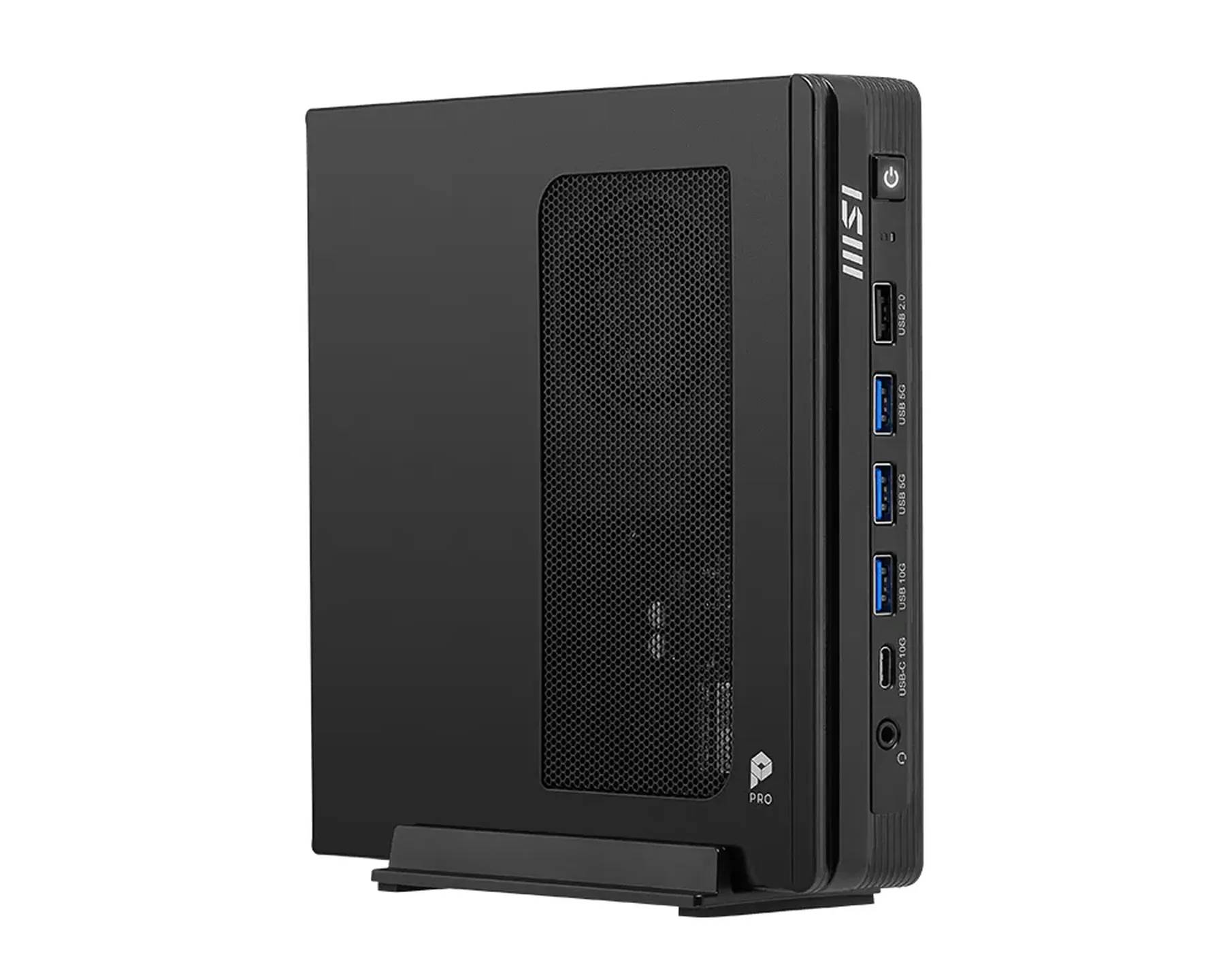 Kompakter schwarzer MSI Mini-Desktop-PC-Turm mit Power-Button an der Vorderseite, USB-Anschlüssen und Audiobuchse auf einem Ständer