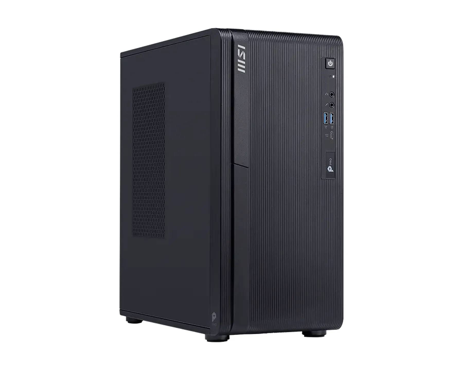 Schwarzes MSI-Gehäuse für Desktop-Tower-PC, von vorne und von der Seite auf weißem Hintergrund gezeigt, mit sichtbaren vorderen USB-Anschlüssen und Ein-/Ausschalter.