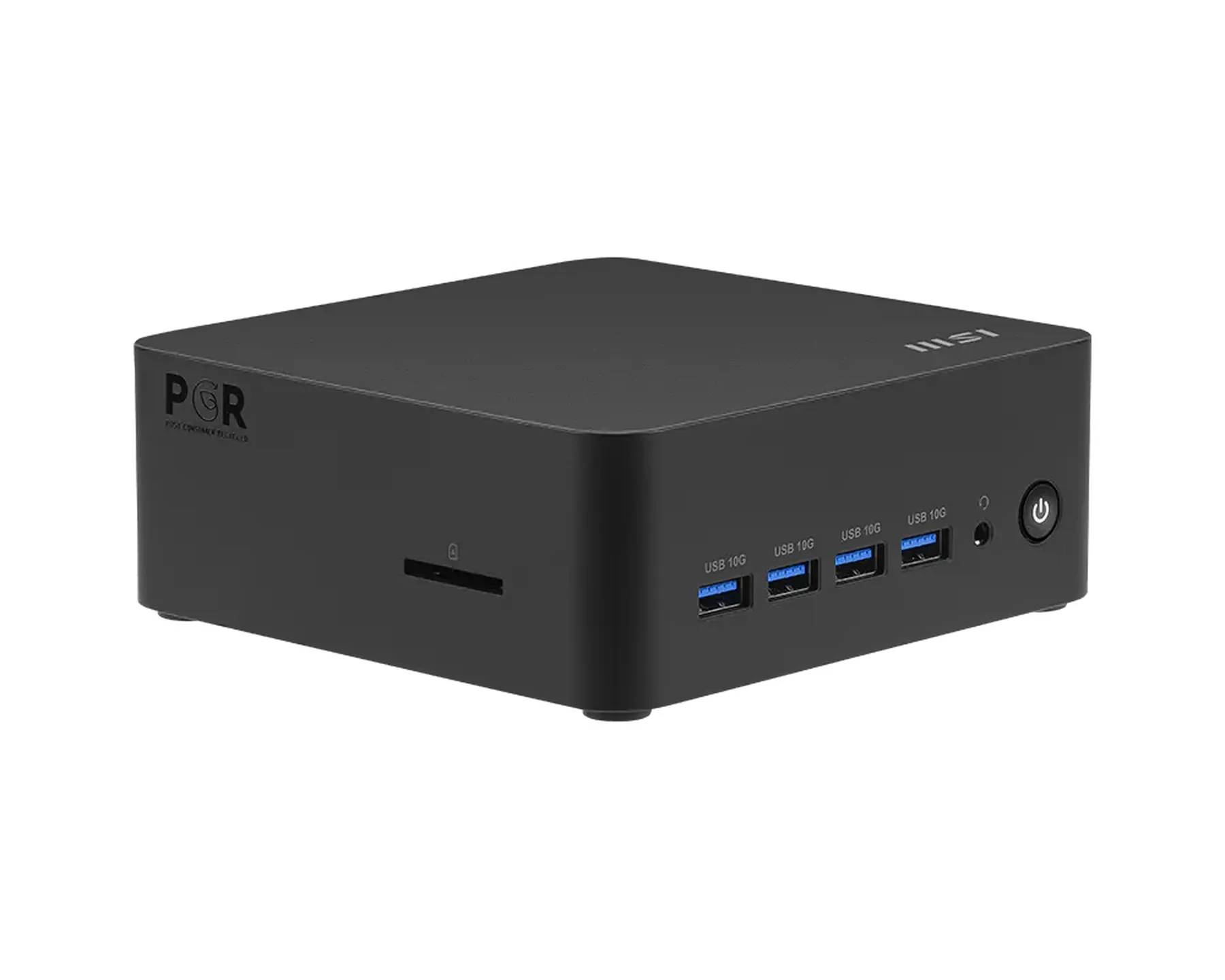Schwarzer MSI Mini-Desktop-Computer mit USB-Anschlüssen an der Vorderseite und Ein-/Ausschalter auf weißem Hintergrund