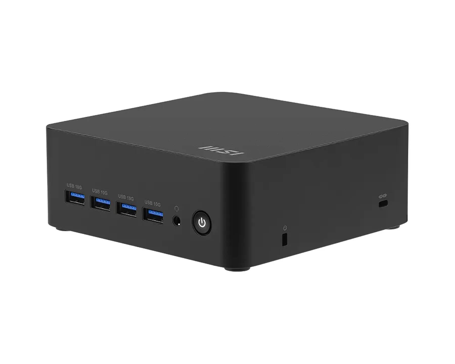 Schwarzer MSI Mini-Desktop-PC mit USB-Anschlüssen an der Front, Ein-/Ausschalter und seitlichen HDMI- und Audioanschlüssen auf weißem Hintergrund