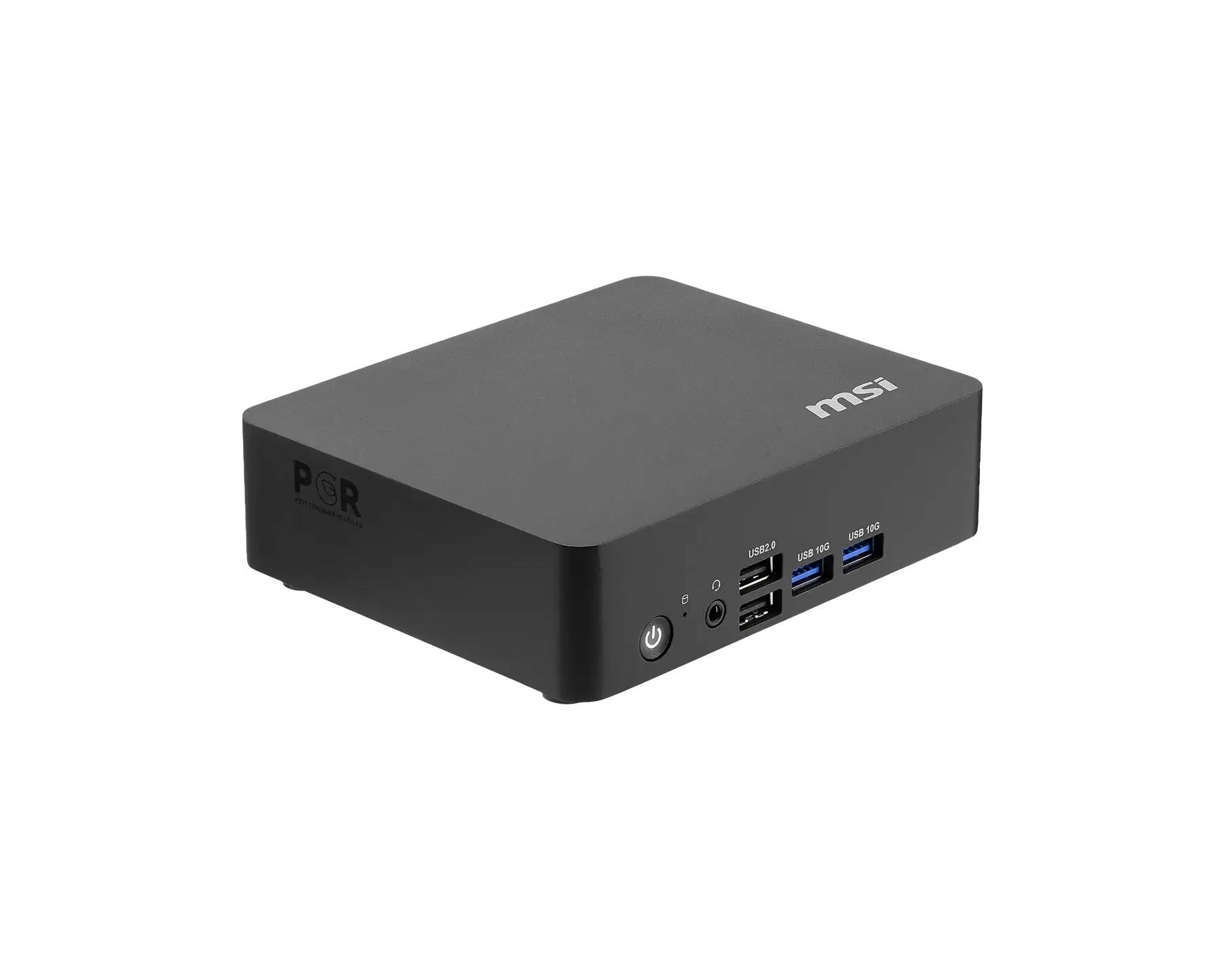 Kompakter schwarzer MSI Mini-PC-Tower mit Stromschalter an der Vorderseite, Audiobuchse, USB-Anschlüssen und einem beleuchteten Statusanzeiger auf weißem Hintergrund