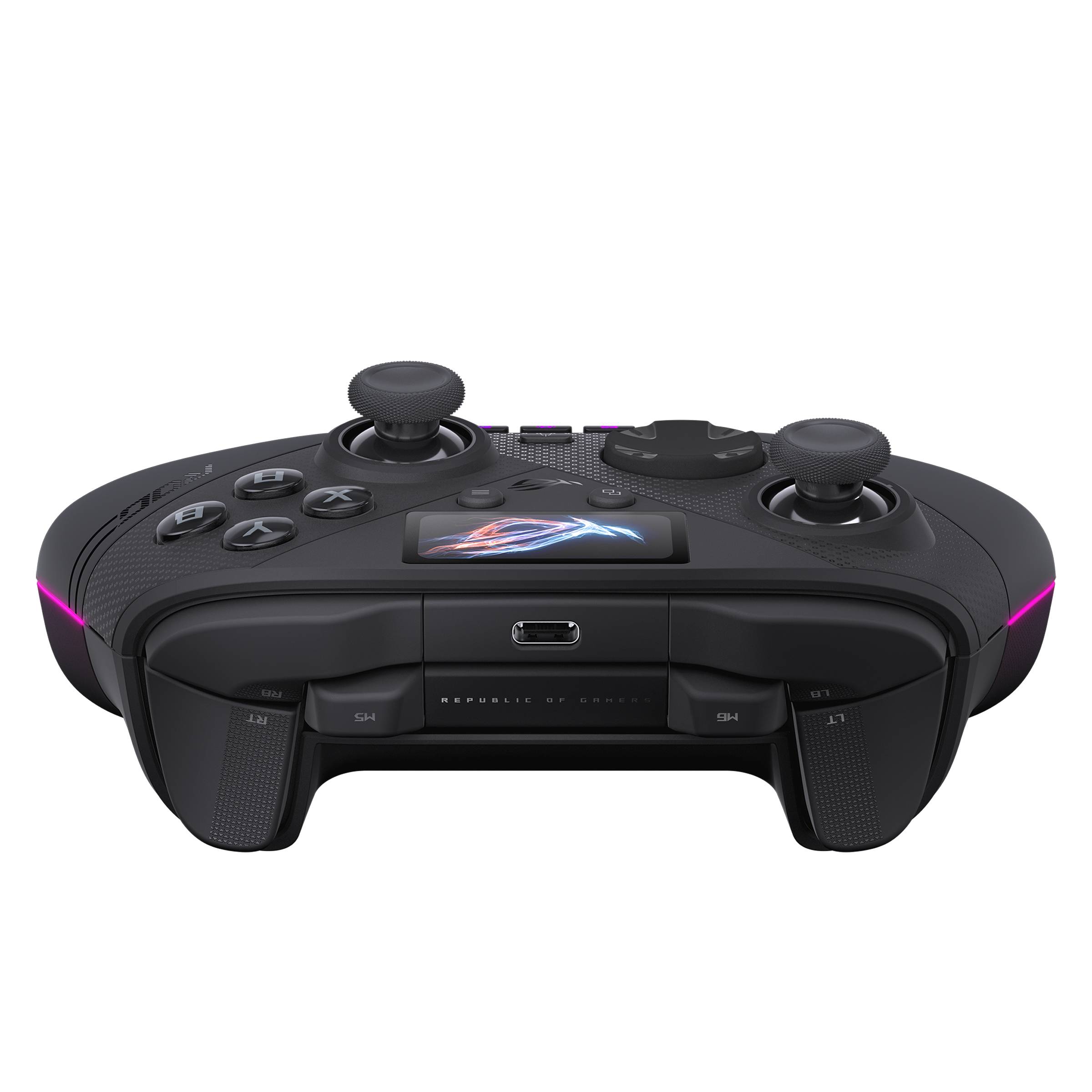 Schwarzer Spielcontroller mit Dual-Analog-Sticks, D-Pad, Tasten und einem kleinen zentralen Display auf weißem Hintergrund.