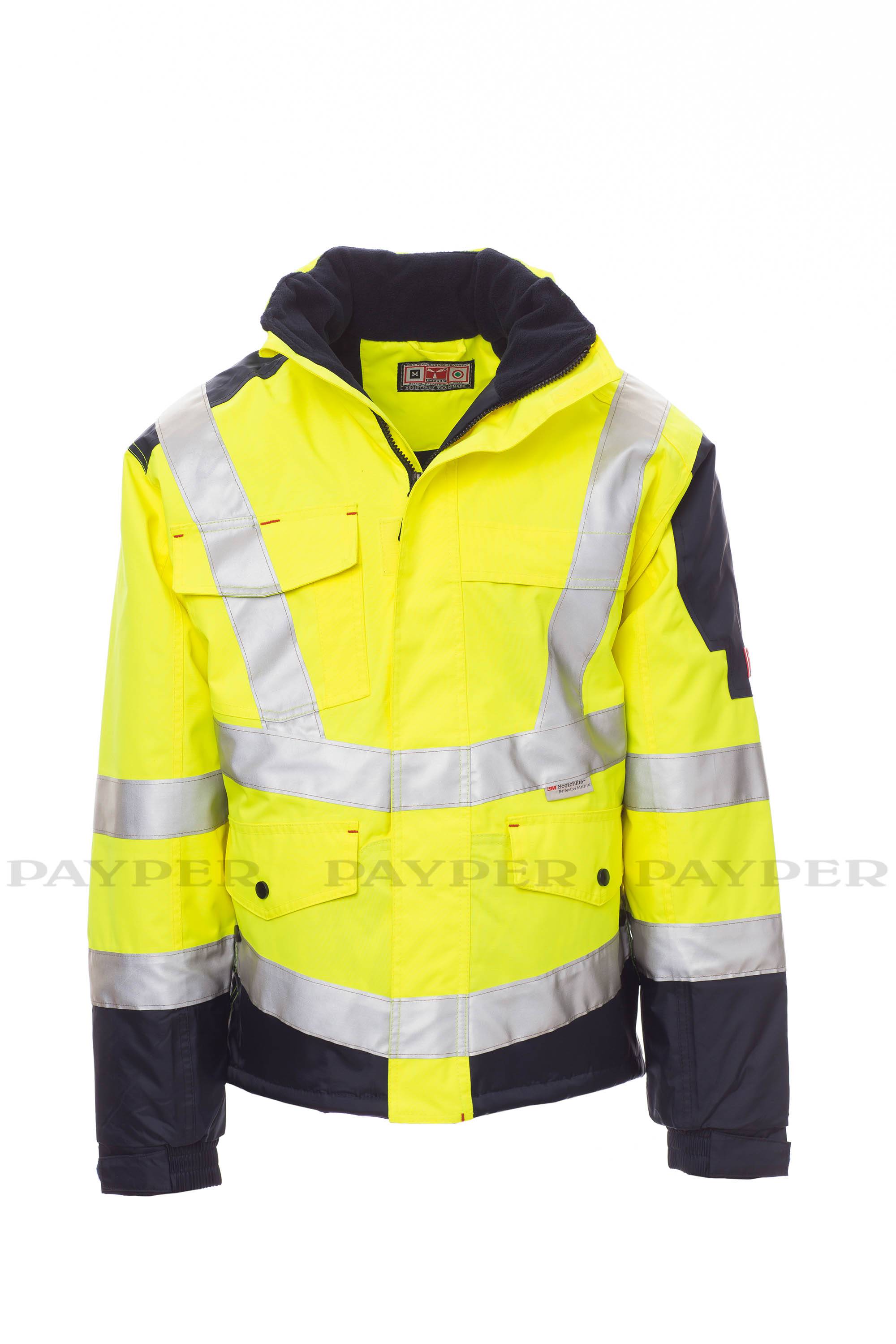 Hochsichtbare gelb-dunkelblau Sicherheitsjacke mit reflektierenden silbernen Streifen, Vorderansicht auf weißem Hintergrund dargestellt.