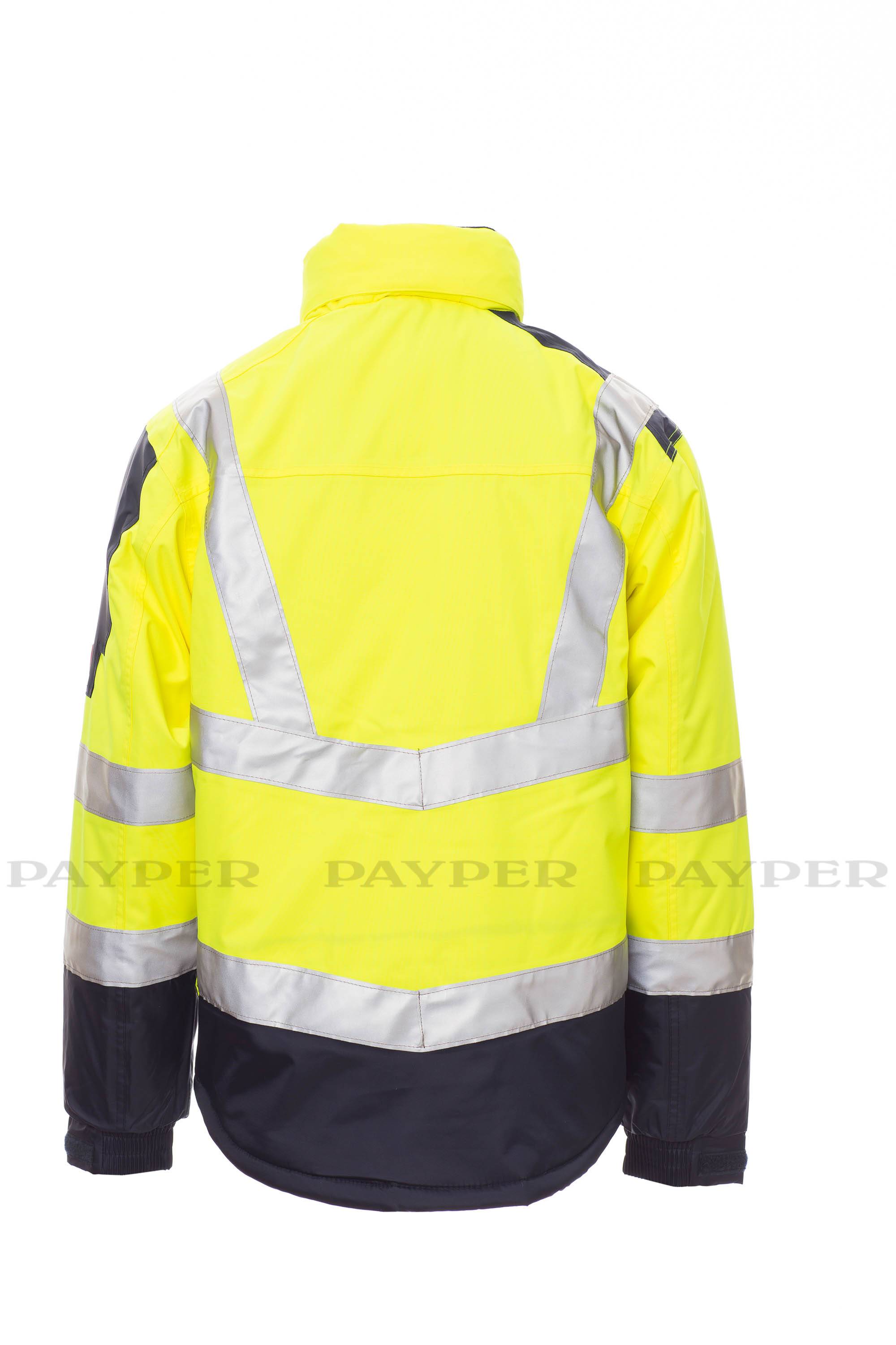 Gelbe Sicherheitsjacke mit hoher Sichtbarkeit und reflektierenden silbernen Streifen, von hinten auf weißem Hintergrund gezeigt.