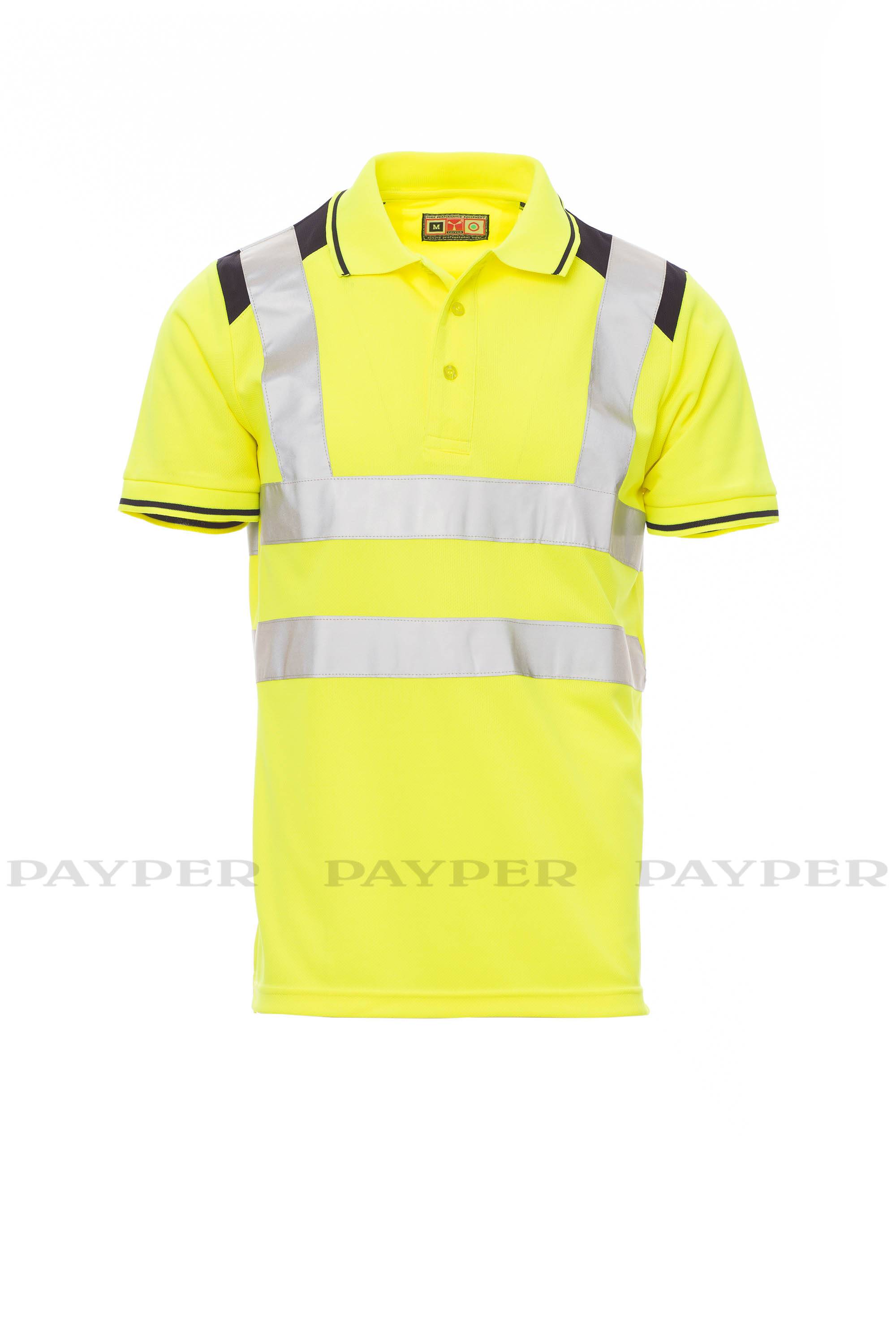 Leuchtend gelbes Kurzarm-Poloshirt mit hoher Sichtbarkeit, reflektierenden silbernen Streifen und schwarzen Schulterverzierungen, Vorderansicht auf weißem Hintergrund dargestellt.