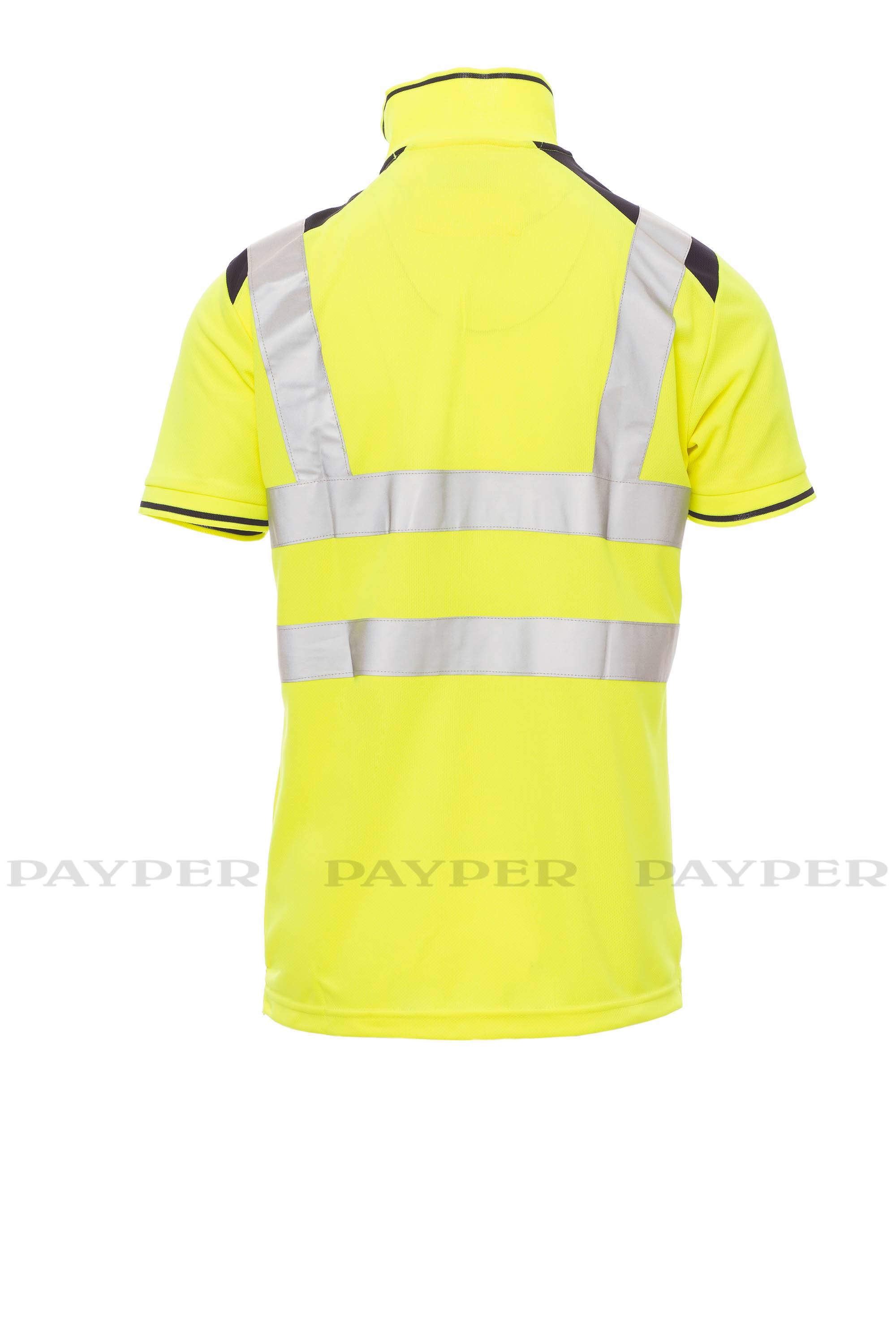 Neongelbes Poloshirt mit hoher Sichtbarkeit, von hinten gezeigt, mit reflektierenden silbernen Streifen auf den Schultern und um den Oberkörper.